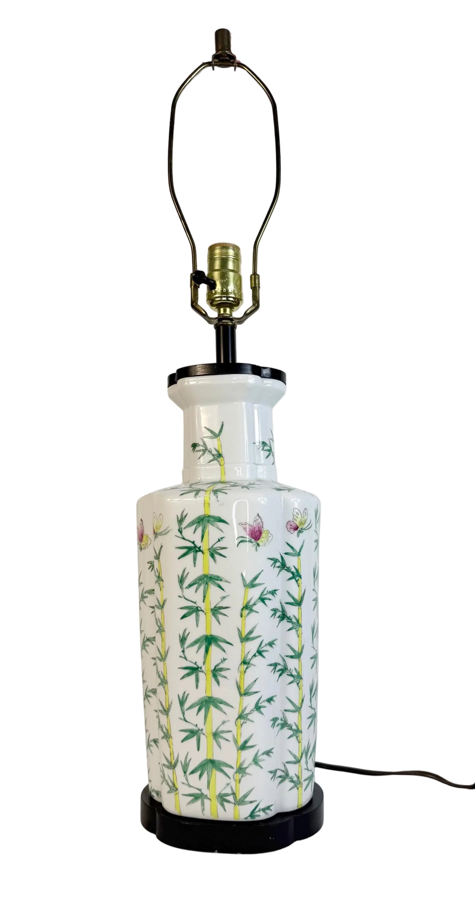 VINTAGE CHINOISERIE BAMBOO PORCELAIN TABLE LAMP WITH BUTTERFLY MOTIF – TALL WHITE GINGER JAR STYLE LIGHTING