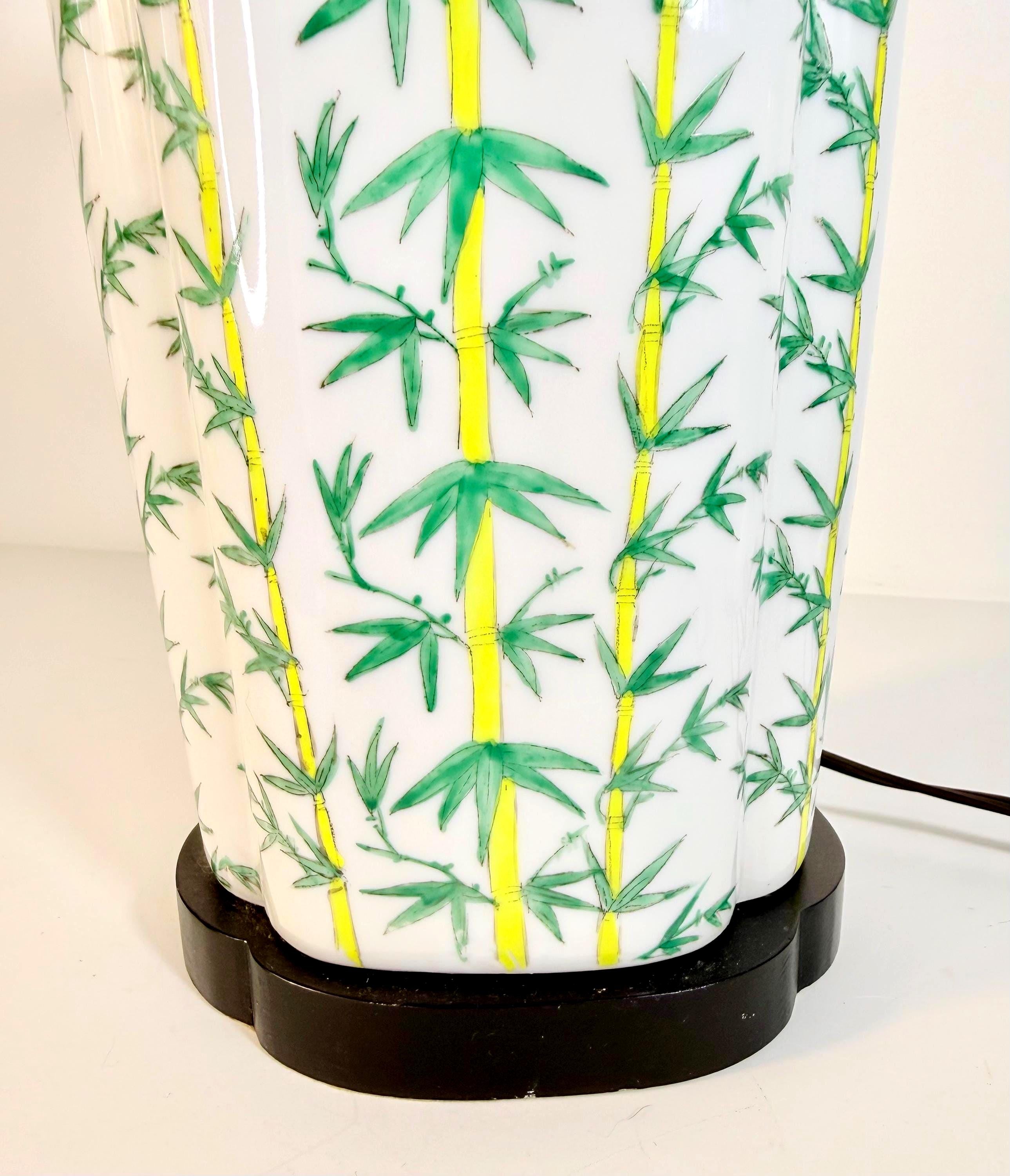 VINTAGE CHINOISERIE BAMBOO PORCELAIN TABLE LAMP WITH BUTTERFLY MOTIF – TALL WHITE GINGER JAR STYLE LIGHTING