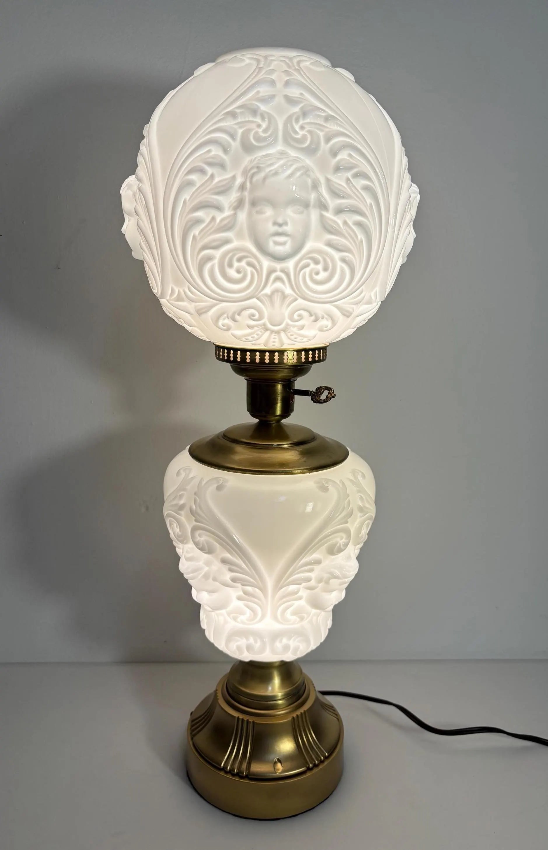 VINTAGE CHERUB MILK GLASS LAMP 27 INCH TALL VICTORIAN REVIVAL FIGURAL PARLOR LAMP ROMANTIC BOUDOIR LIGHTING HOLLYWOOD REGENCY DECOR