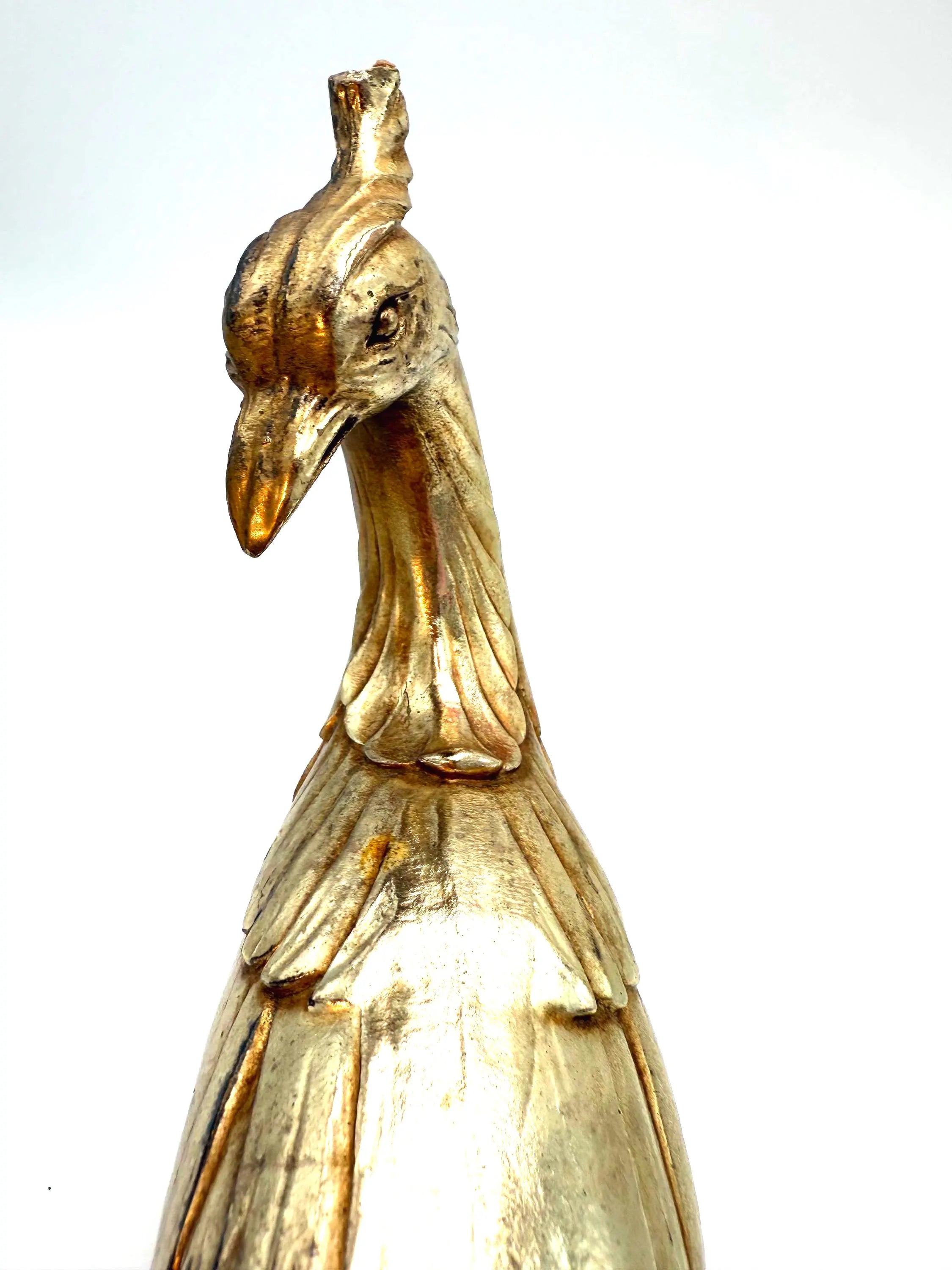 VINTAGE SYROCO GOLD PEACOCK SCULPTURE HOLLYWOOD REGENCY CHINOISERIE ART DECO TABLETOP FIGURINE