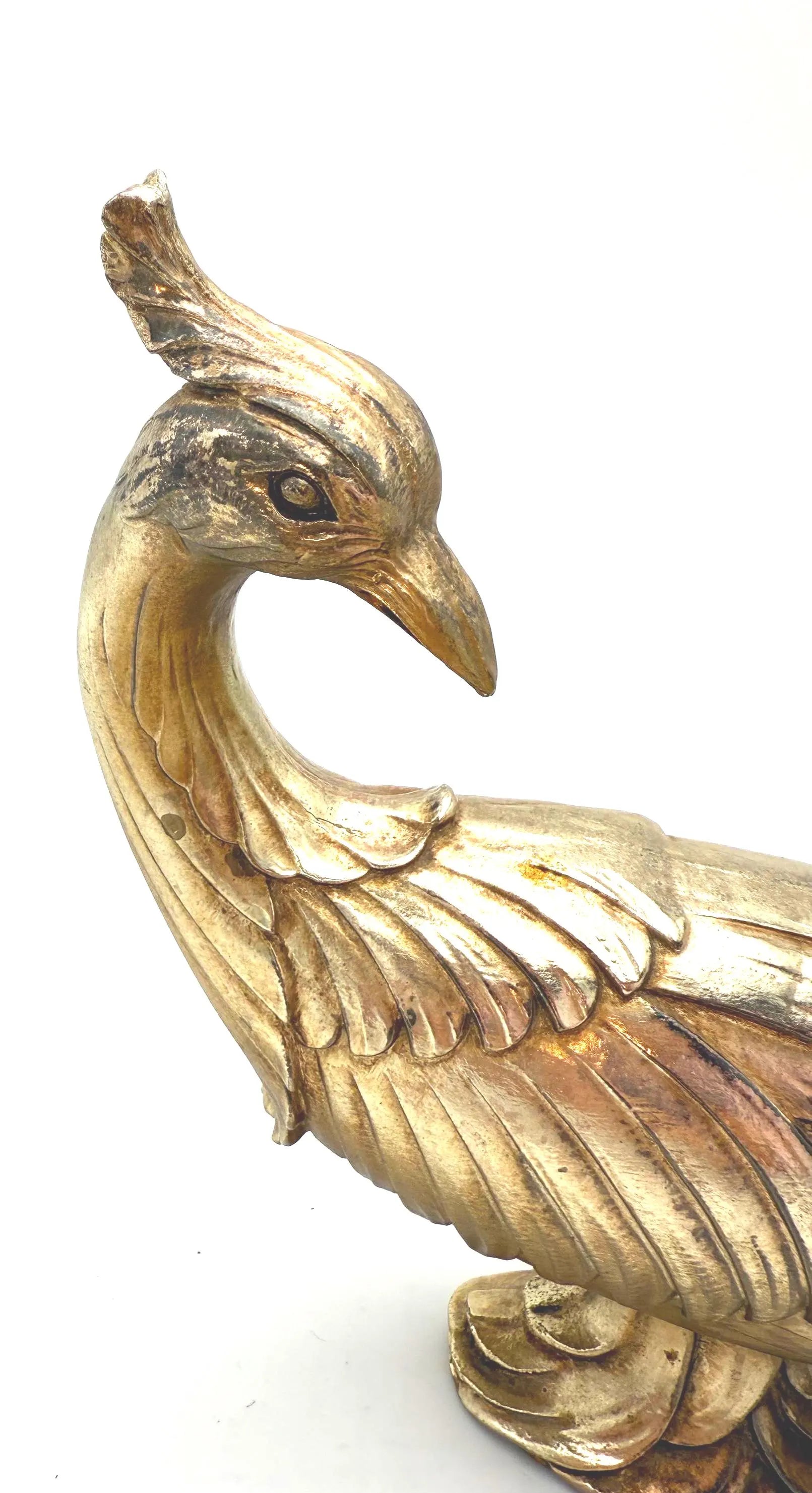 VINTAGE SYROCO GOLD PEACOCK SCULPTURE HOLLYWOOD REGENCY CHINOISERIE ART DECO TABLETOP FIGURINE