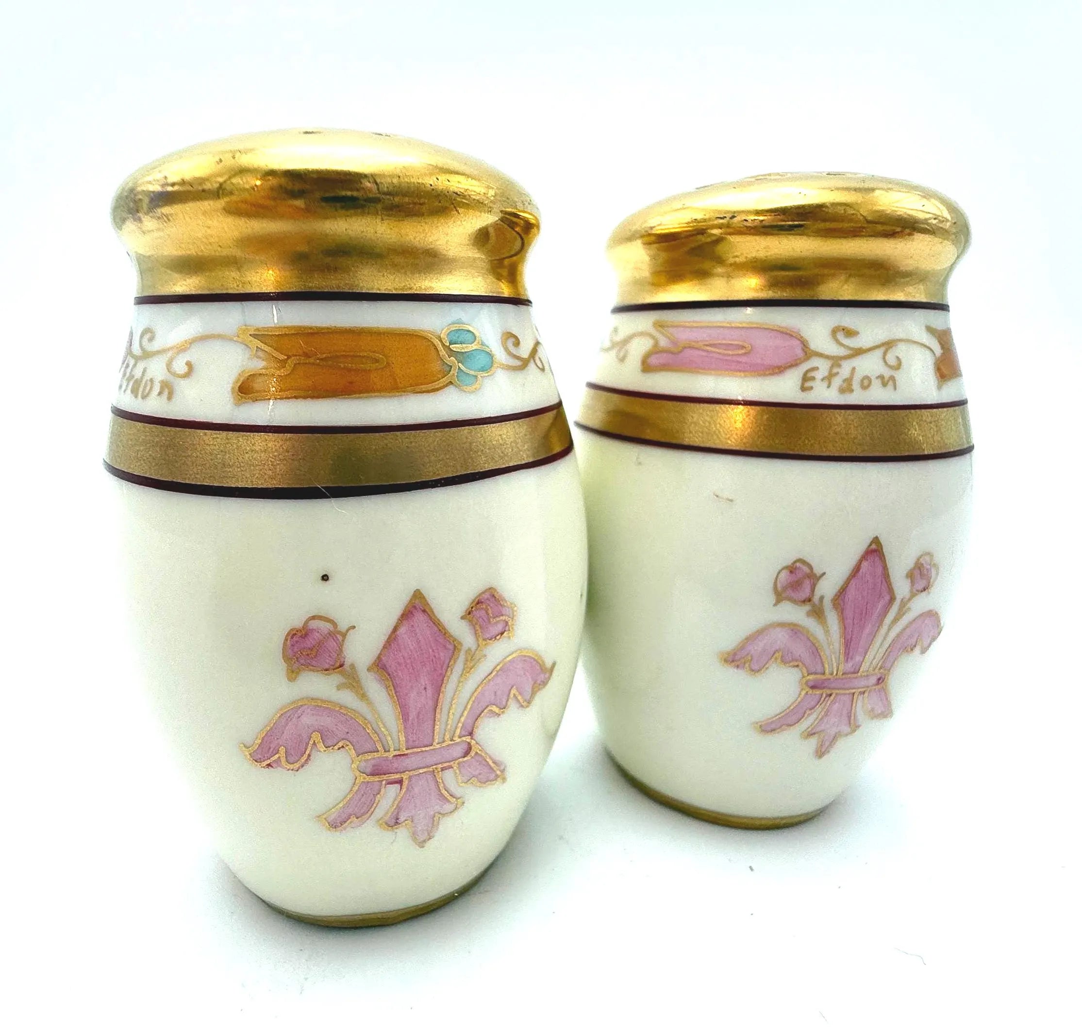 ANTIQUE PICKARD CHINA HAND PAINTED SALT AND PEPPER SHAKERS TRI COLOR FLEUR DE LIS GOLD GILT ART NOUVEAU PORCELAIN SET CIRCA 1910