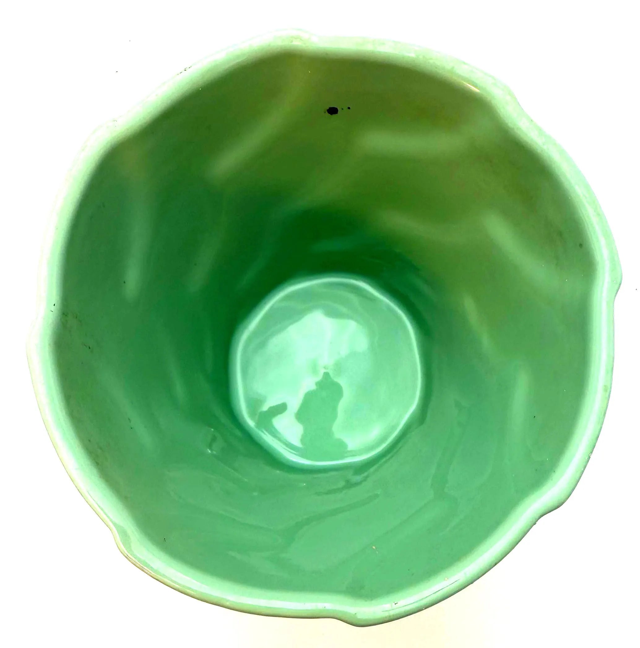 MID CENTURY CELADON CERAMIC PLANTER MINT GREEN SCULPTURAL VESSEL HOLLYWOOD REGENCY CACHEPOT VINTAGE JAPANESE STYLE