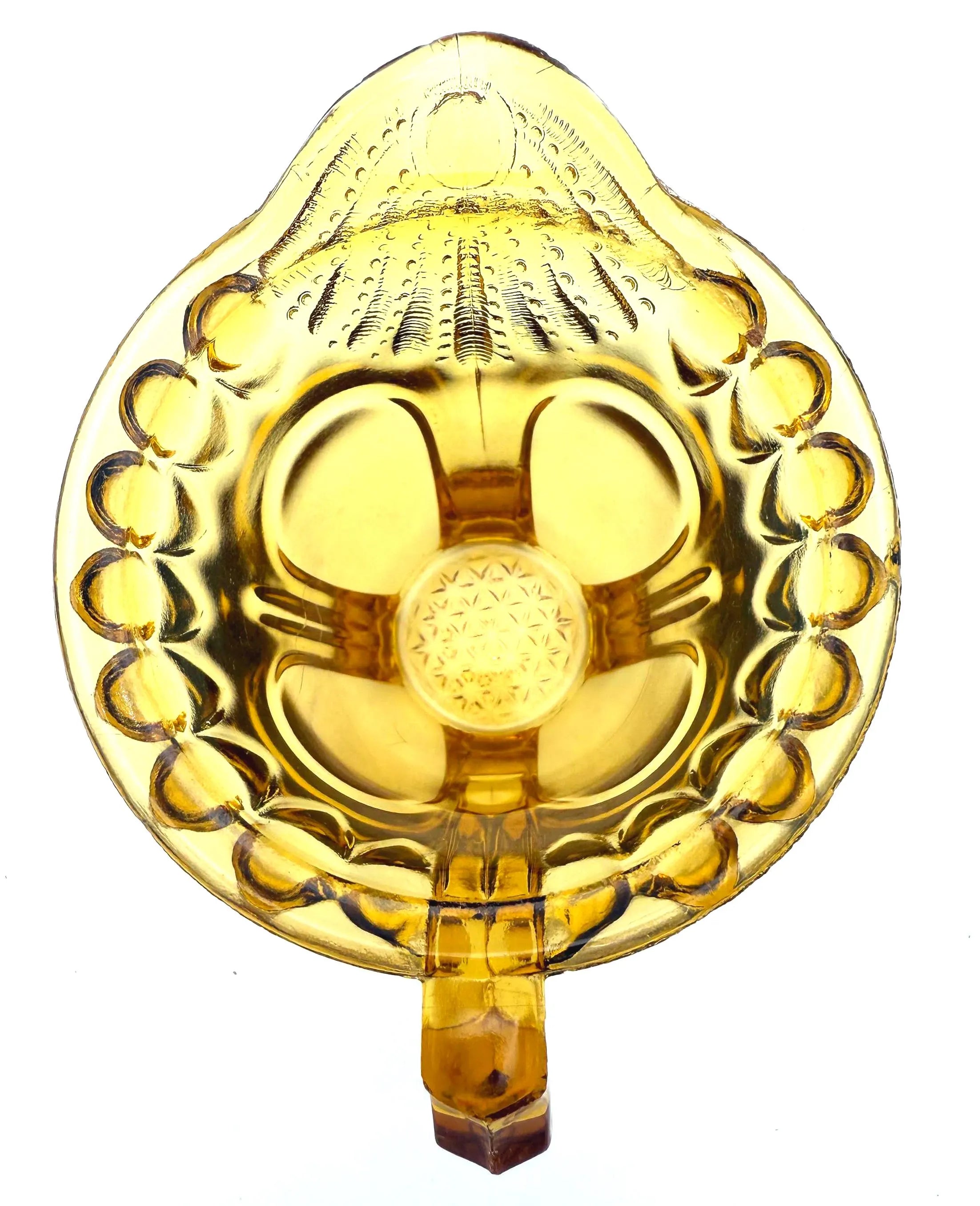VINTAGE AMBER DEPRESSION GLASS FOOTED CREAMER PITCHER WITH SCALLOPED RIM – ART DECO ERA