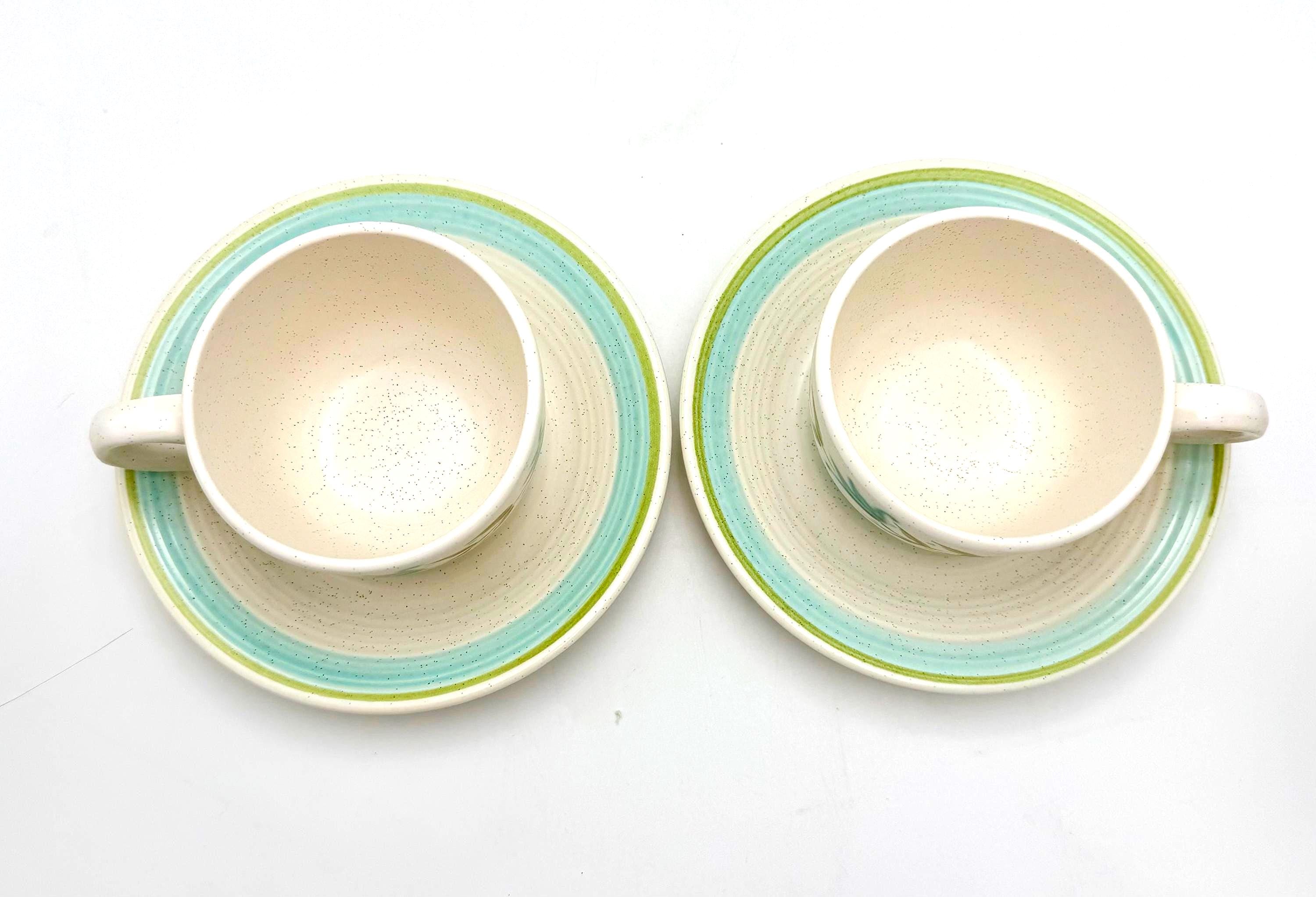 Mid Century Franciscan Tulip Time Teacup and Saucer Set, Vintage California Earthenware Coffee Set for Two, Floral Cottagecore Tableware