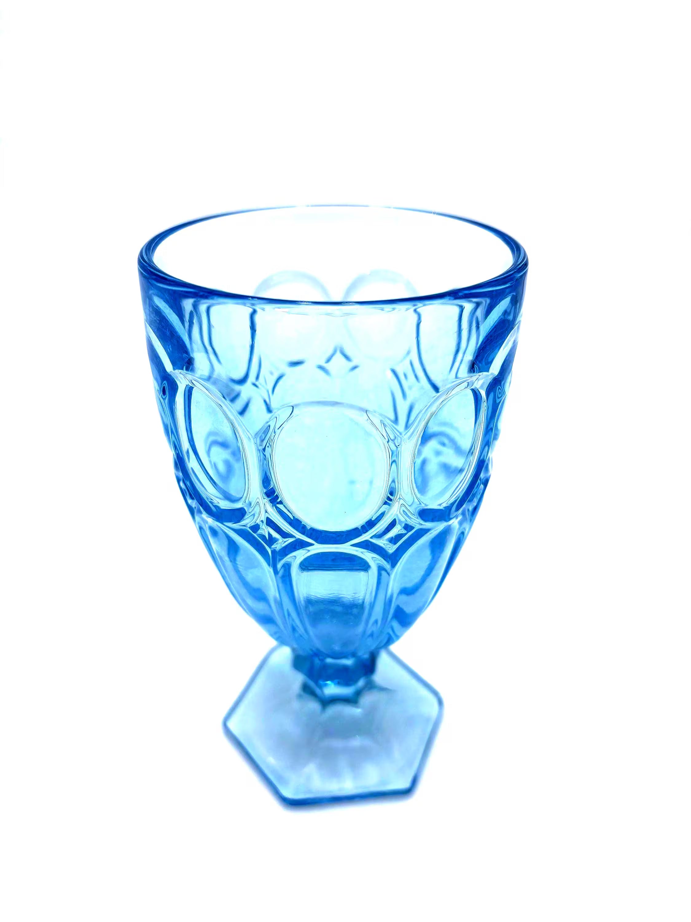 BLUE PRESSED GLASS GOBLETS SET OF 8 CIRCA 1970S RIVIERA STYLE PEDESTAL STEMWARE