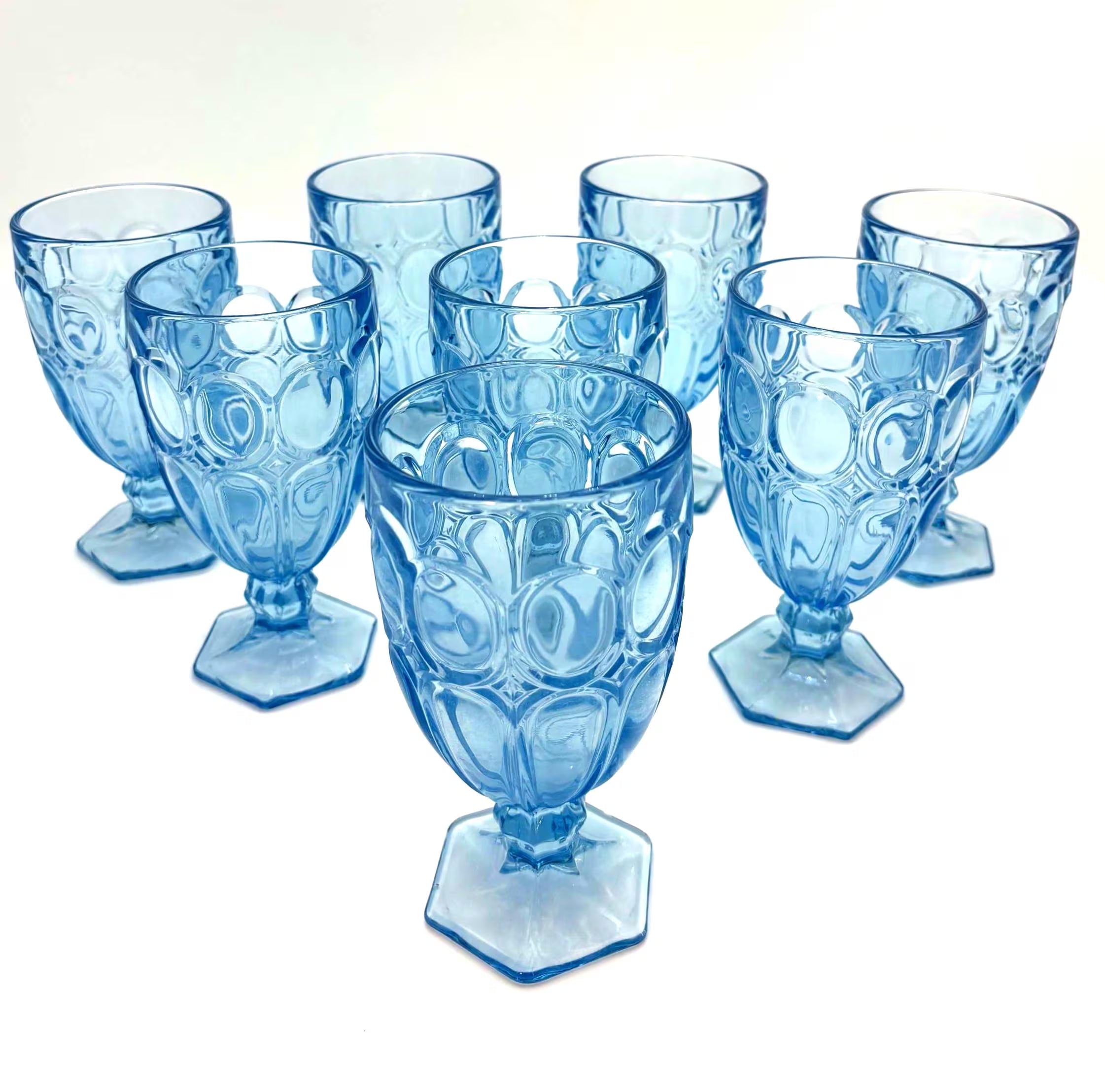 BLUE PRESSED GLASS GOBLETS SET OF 8 CIRCA 1970S RIVIERA STYLE PEDESTAL STEMWARE