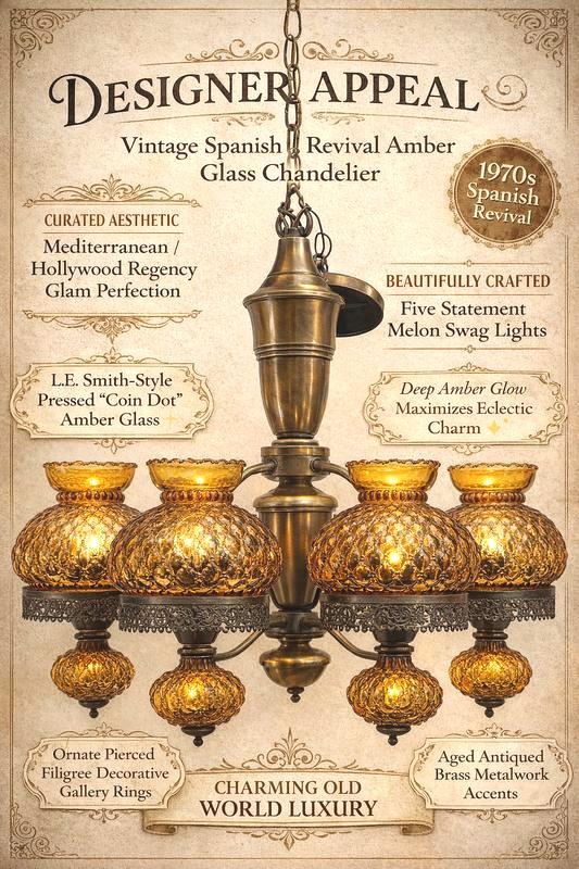 VINTAGE SPANISH REVIVAL AMBER GLASS 5 LIGHT CHANDELIER HOLLYWOOD REGENCY MEDITERRANEAN BRASS CEILING FIXTURE WITH FREE SHIPPING