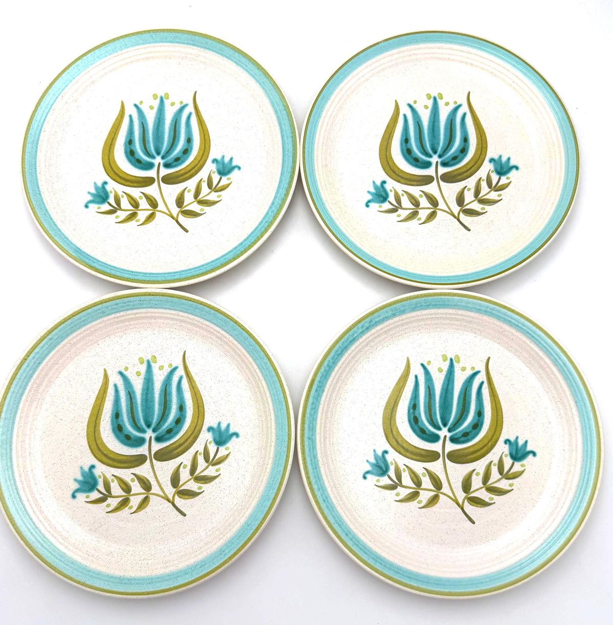 Set of 4 Vintage Franciscan Tulip Time Dinner Plates 10.5 Inch Blue Green Tulip Mid Century Earthenware Farmhouse Cottage Tableware
