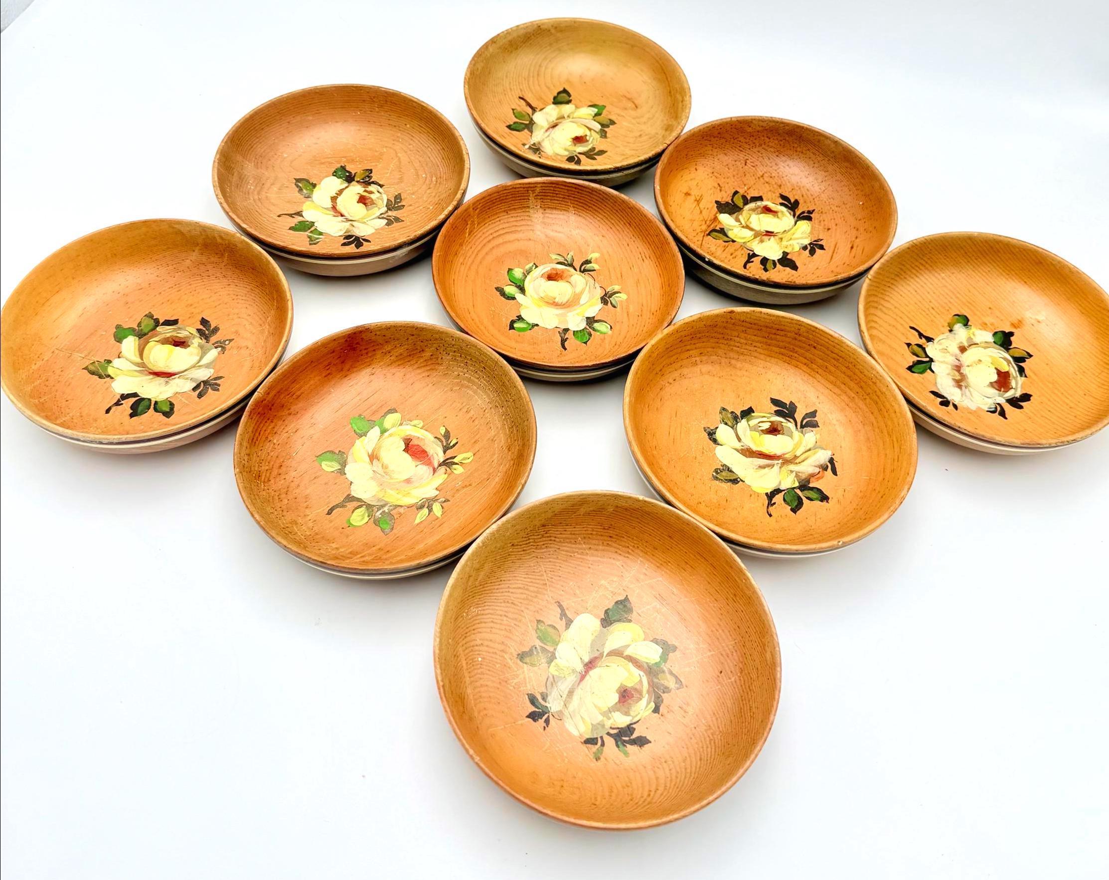 VINTAGE ROBIN HOOD WARE HAND PAINTED WOODEN BOWL SET OF 9 MID CENTURY SCANDINAVIAN FOLK SERVING BOWLS