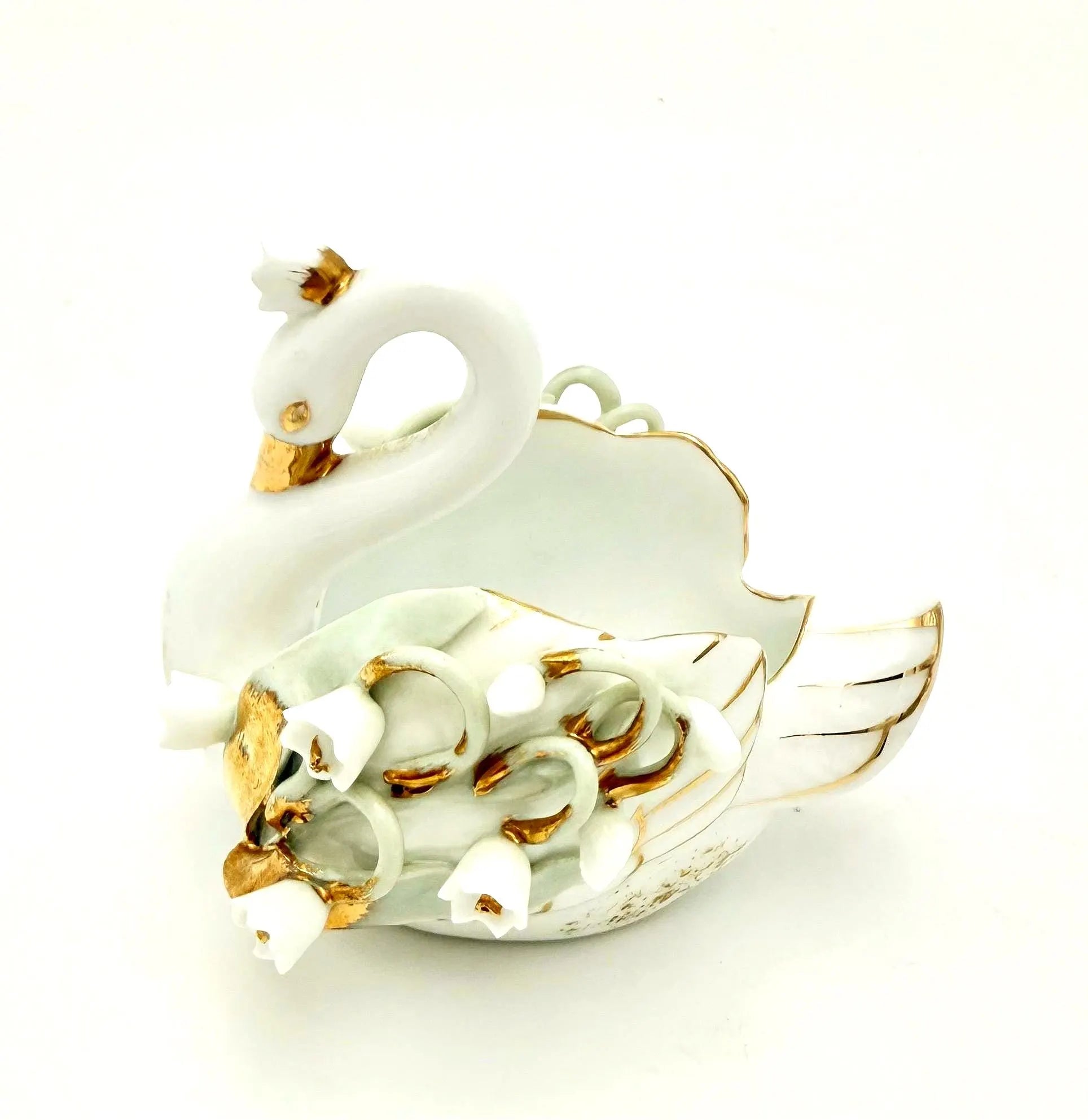 VINTAGE LEFTON CHINA PORCELAIN SWAN • LILY-OF-THE-VALLEY • GOLD GILT • HAND PAINTED