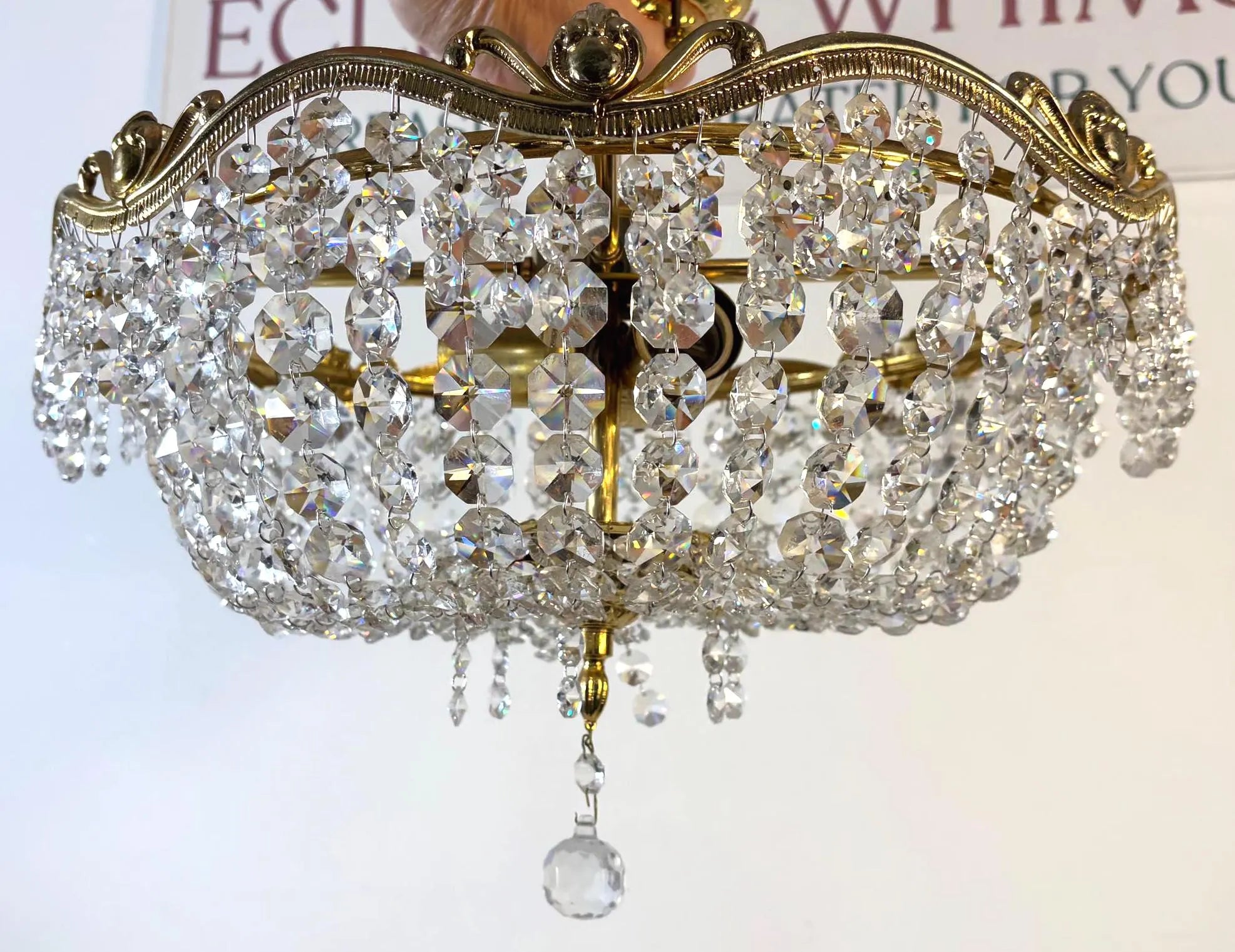 Vintage Hollywood Regency Crystal Flush Mount Chandelier Gilt Gold Ceiling Light Italian Basket Fixture Mid Century Glam Lighting 16.5 Inch