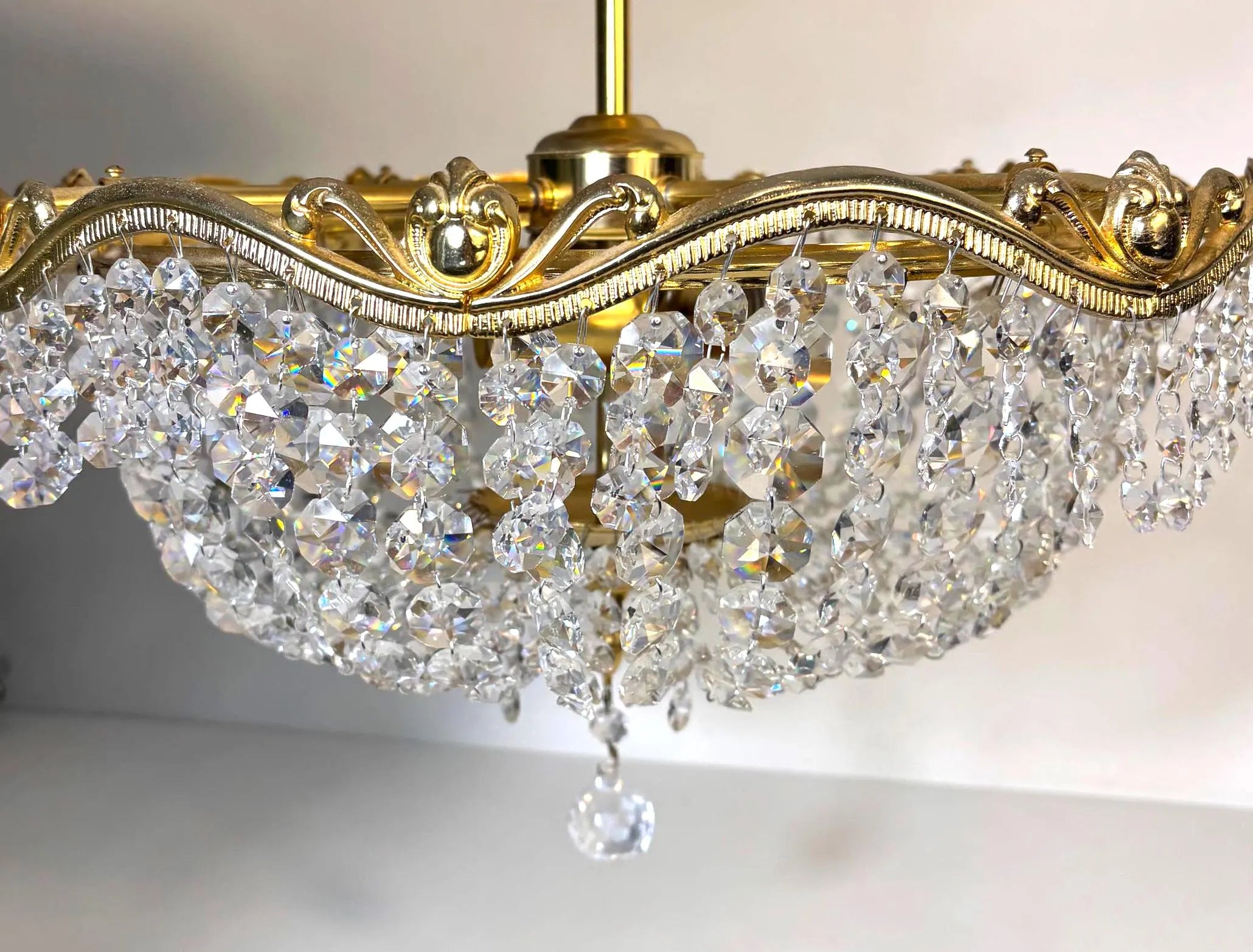 Vintage Hollywood Regency Crystal Flush Mount Chandelier Gilt Gold Ceiling Light Italian Basket Fixture Mid Century Glam Lighting 16.5 Inch