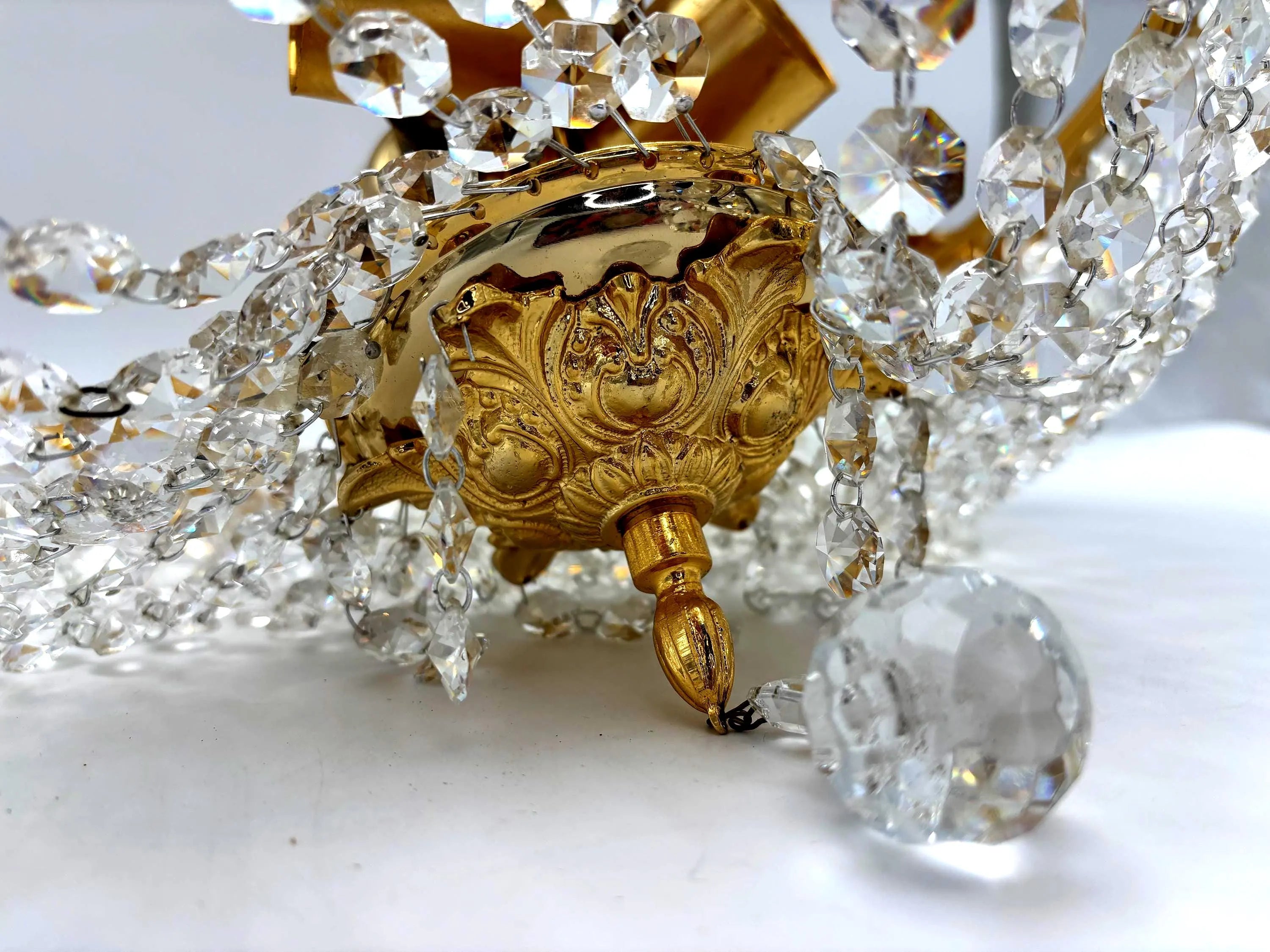 Vintage Hollywood Regency Crystal Flush Mount Chandelier Gilt Gold Ceiling Light Italian Basket Fixture Mid Century Glam Lighting 16.5 Inch
