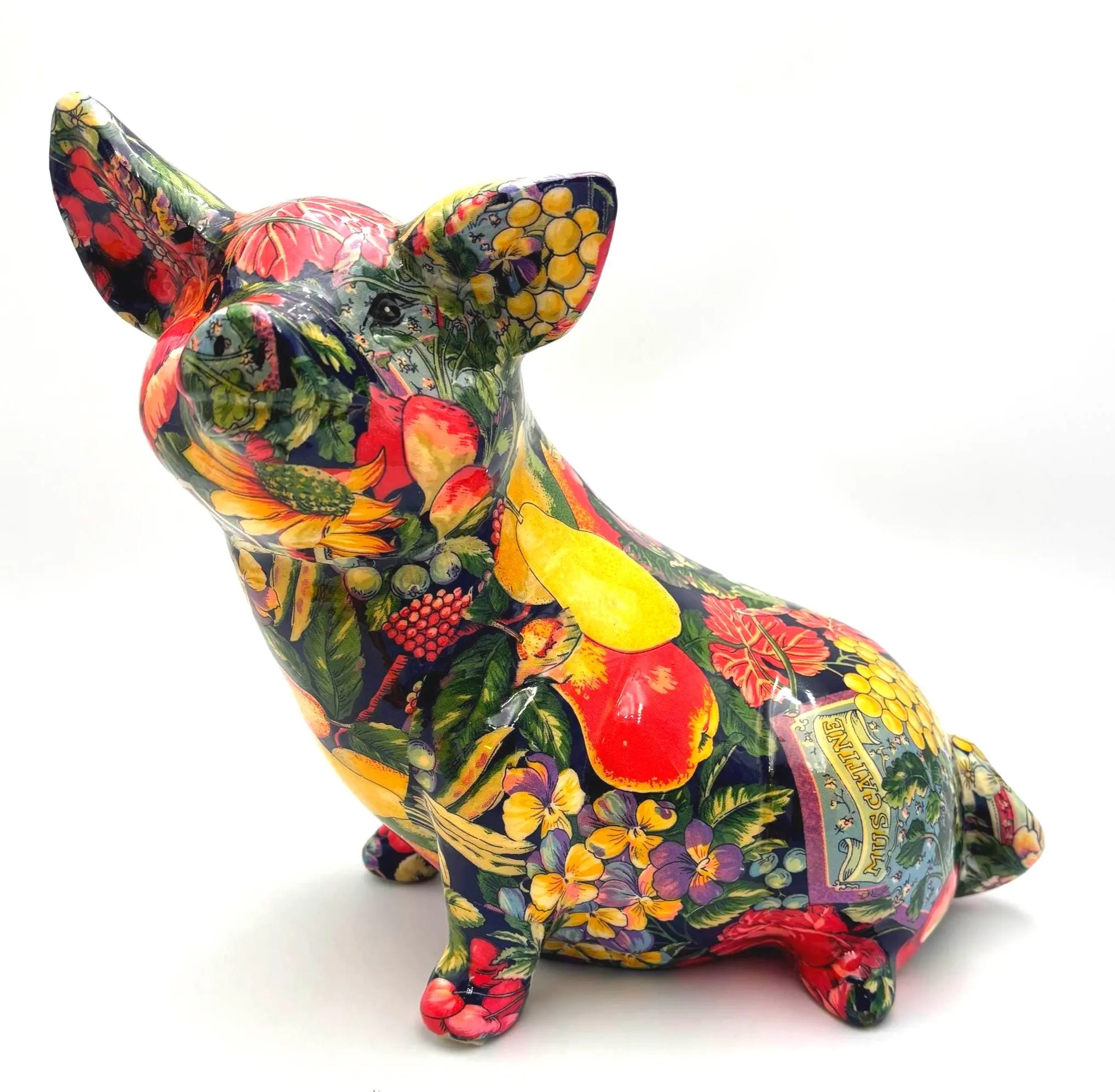 LARGE COLORFUL DECOUPAGE PIG SCULPTURE | VINTAGE FLORAL FRUIT FIGURINE WHIMSICAL BOTANICAL DECOR