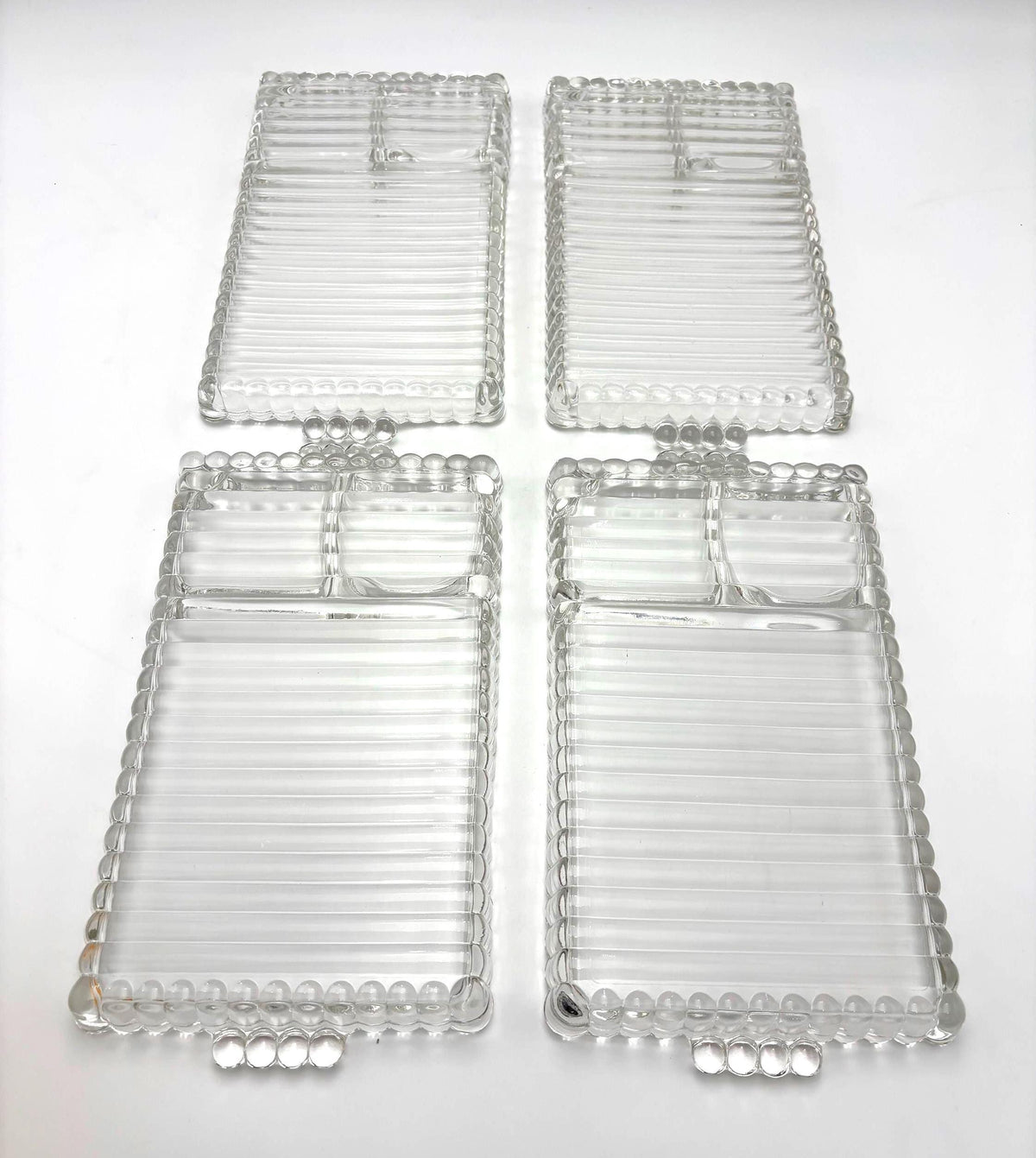 Vintage Glass Relish Tray Set of 4, Mid Century Serving Trays, Federal Glass Attributed, Clear Glass Appetizer Plates, Cocktail Hostess Set