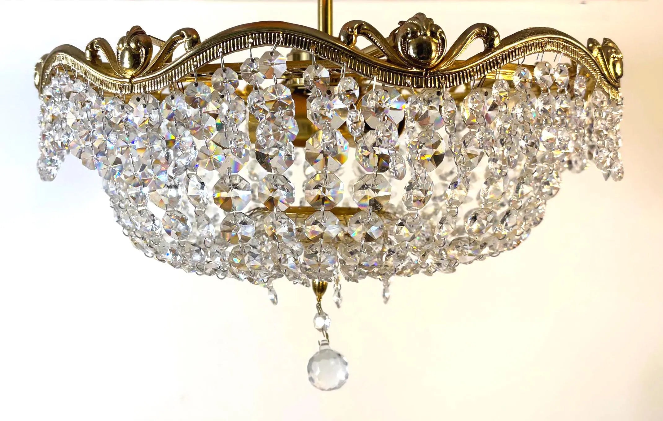 Vintage Hollywood Regency Crystal Flush Mount Chandelier Gilt Gold Ceiling Light Italian Basket Fixture Mid Century Glam Lighting 16.5 Inch