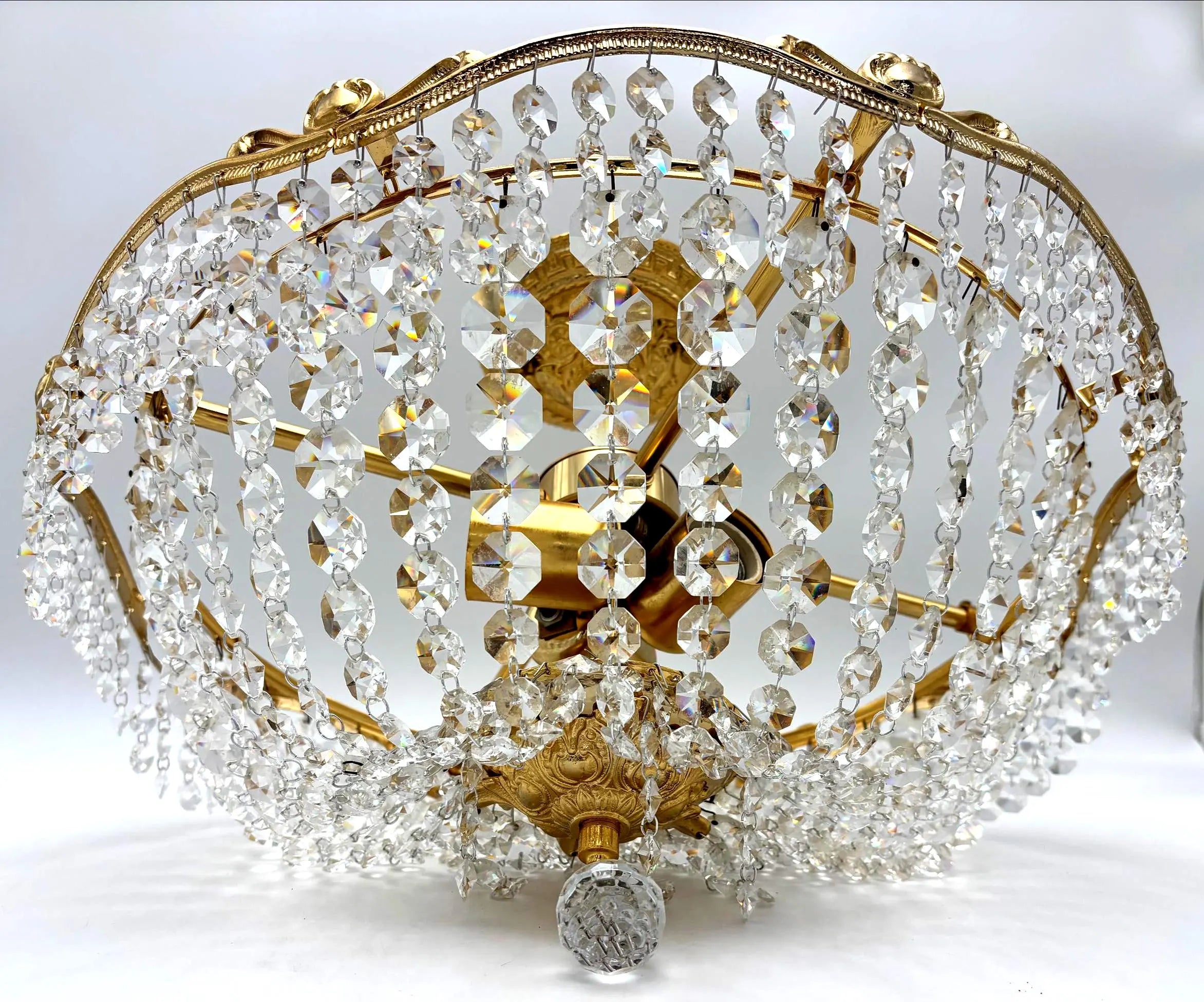 Vintage Hollywood Regency Crystal Flush Mount Chandelier Gilt Gold Ceiling Light Italian Basket Fixture Mid Century Glam Lighting 16.5 Inch