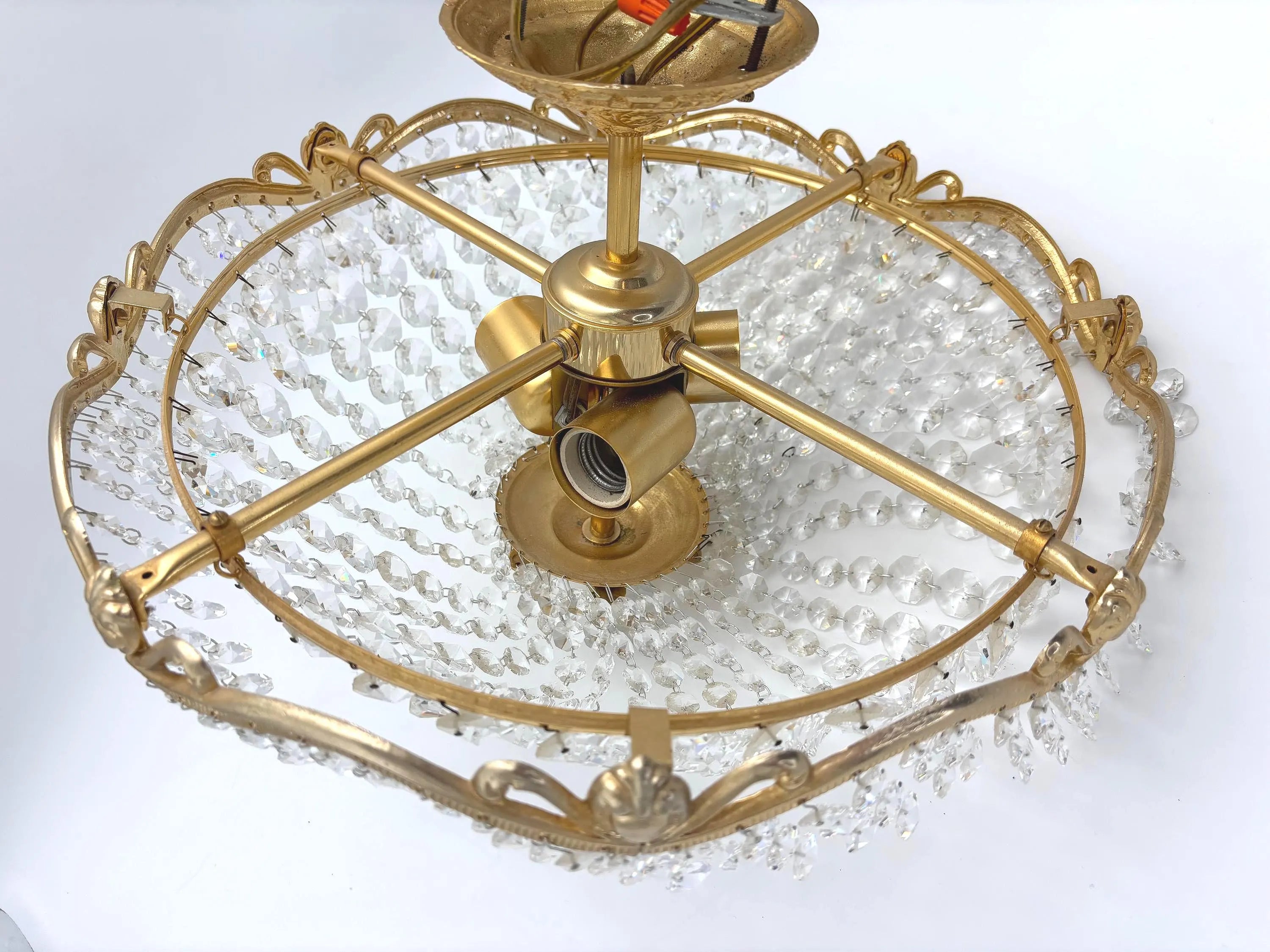 Vintage Hollywood Regency Crystal Flush Mount Chandelier Gilt Gold Ceiling Light Italian Basket Fixture Mid Century Glam Lighting 16.5 Inch
