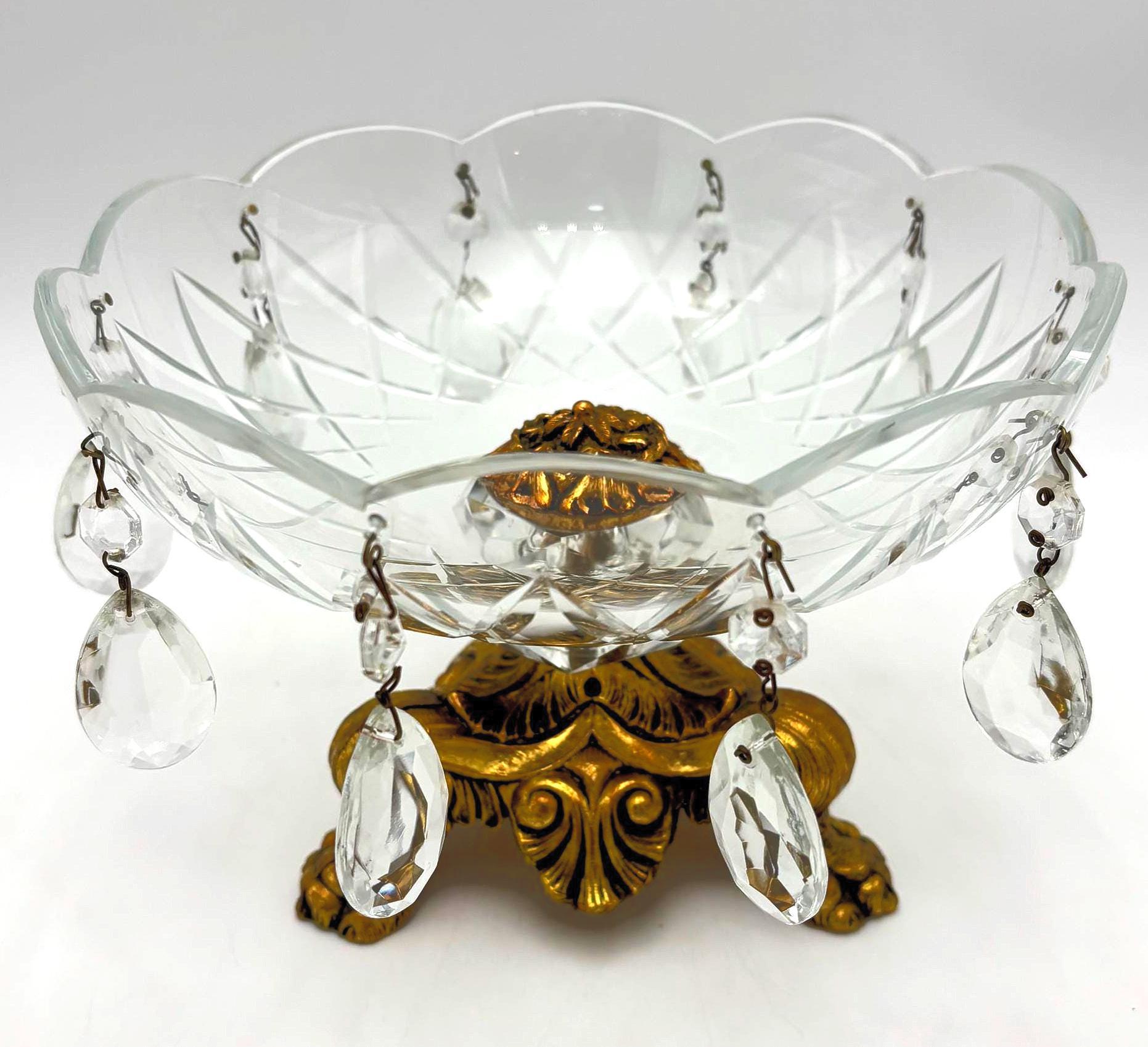 VINTAGE CRYSTAL PRISM COMPOTE BOWL WITH GILT GOLD BASE