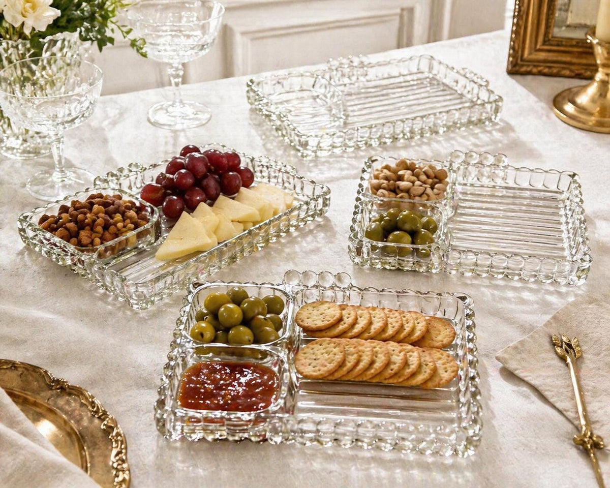 Vintage Glass Relish Tray Set of 4, Mid Century Serving Trays, Federal Glass Attributed, Clear Glass Appetizer Plates, Cocktail Hostess Set