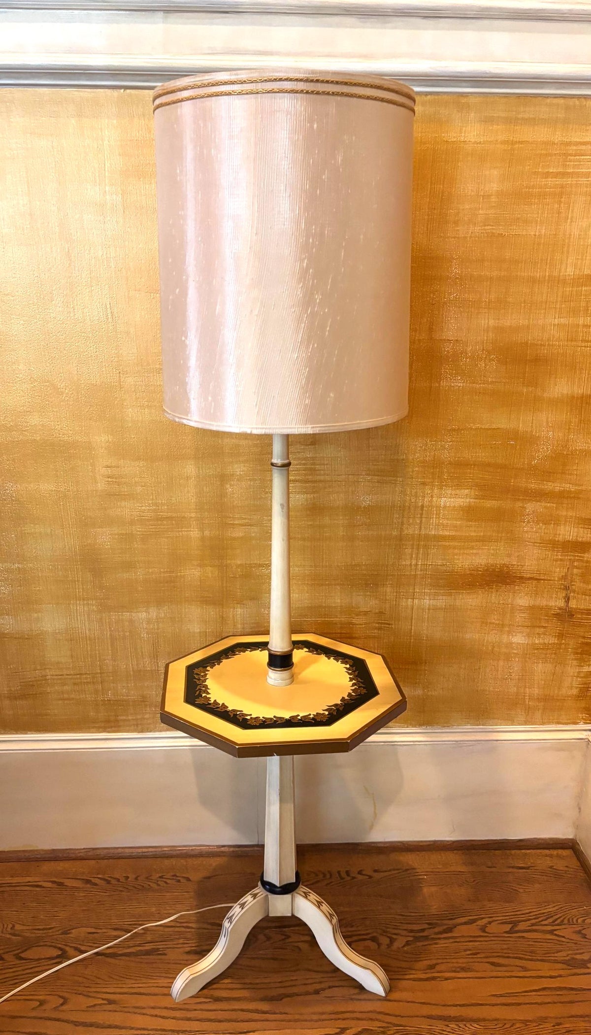 Vintage Hollywood Regency Floor Lamp with Built In Table and Original Shade, Palm Beach Regency, Cream & Gold Lamp, Mid Century Lighting