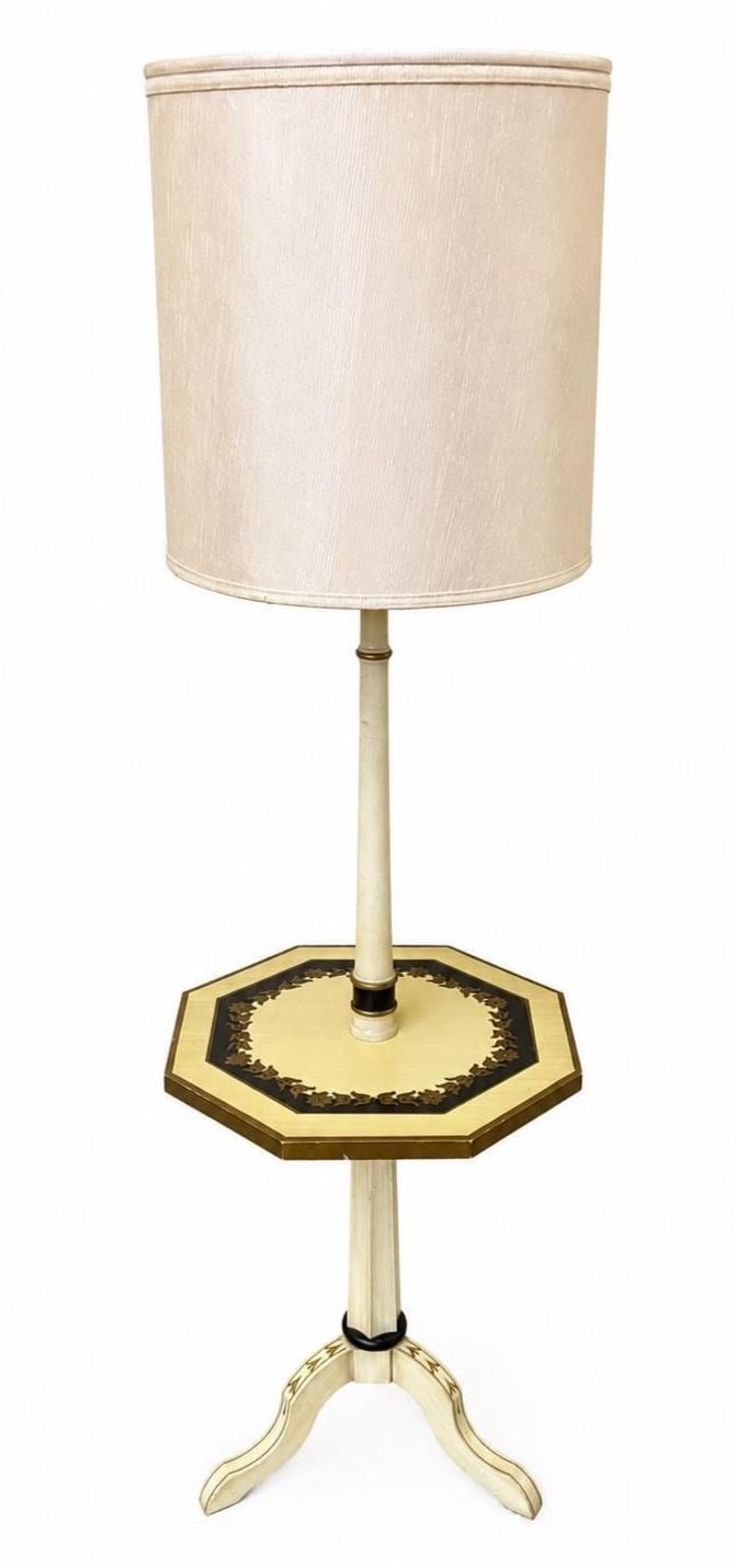 Vintage Hollywood Regency Floor Lamp with Built In Table and Original Shade, Palm Beach Regency, Cream & Gold Lamp, Mid Century Lighting