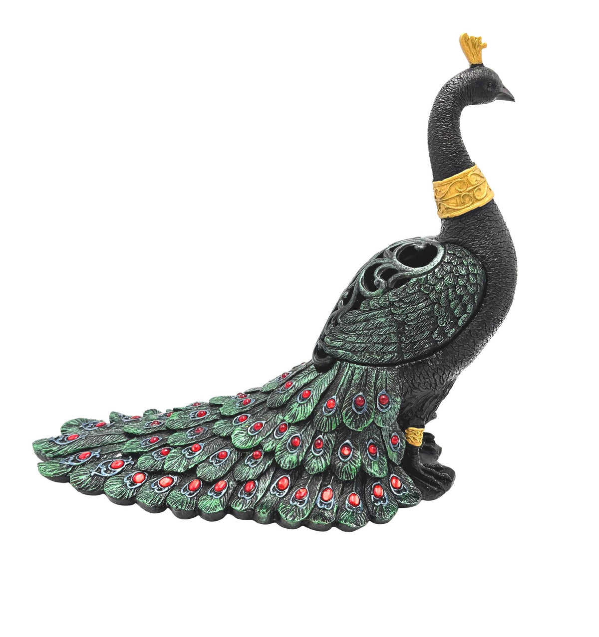 Large Jeweled Peacock Decor, Emerald Green Red Gold Bird Sculpture, Maximalist Christmas Decor, Decorative Storage Vessel
