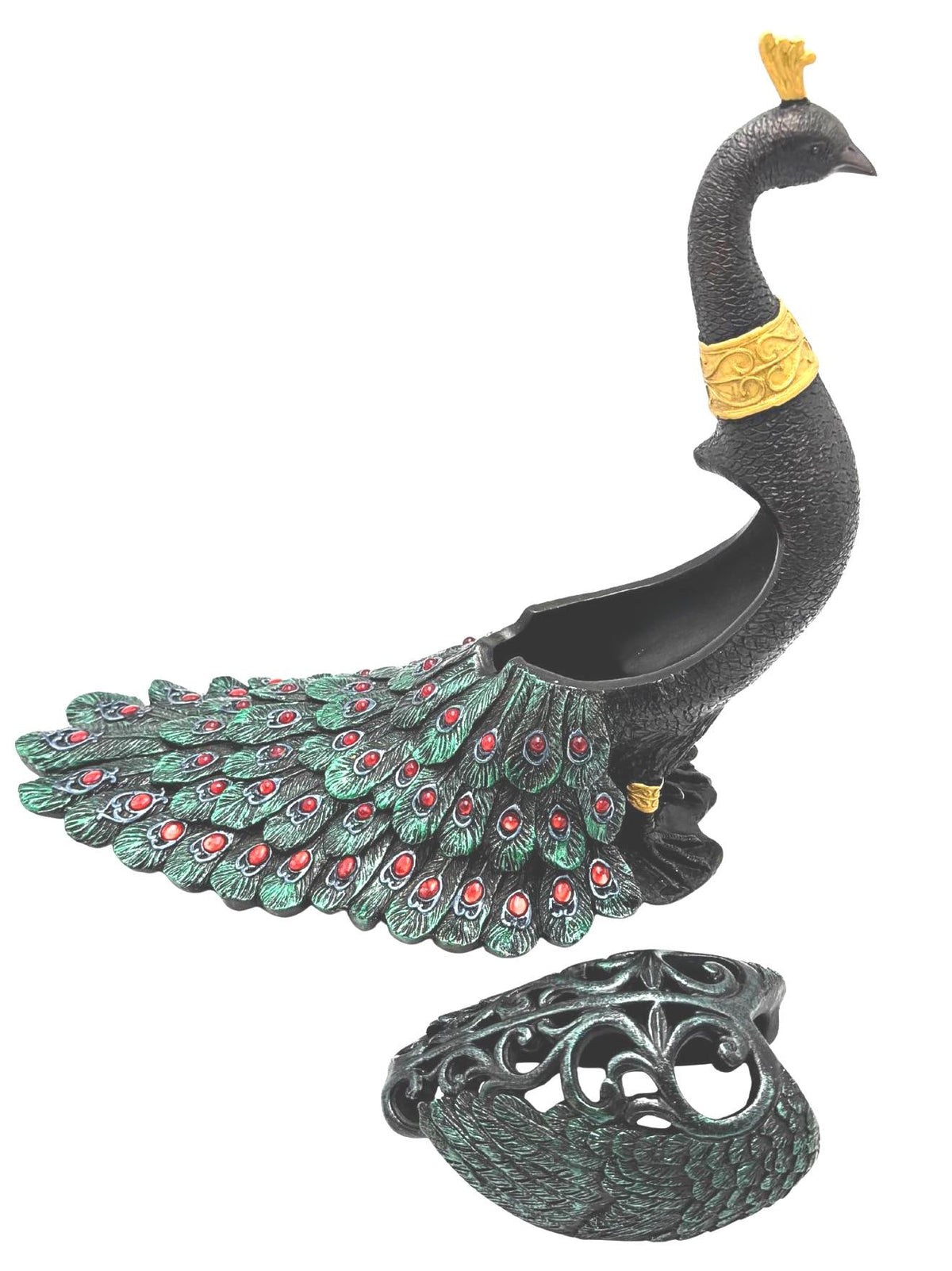 Large Jeweled Peacock Decor, Emerald Green Red Gold Bird Sculpture, Maximalist Christmas Decor, Decorative Storage Vessel