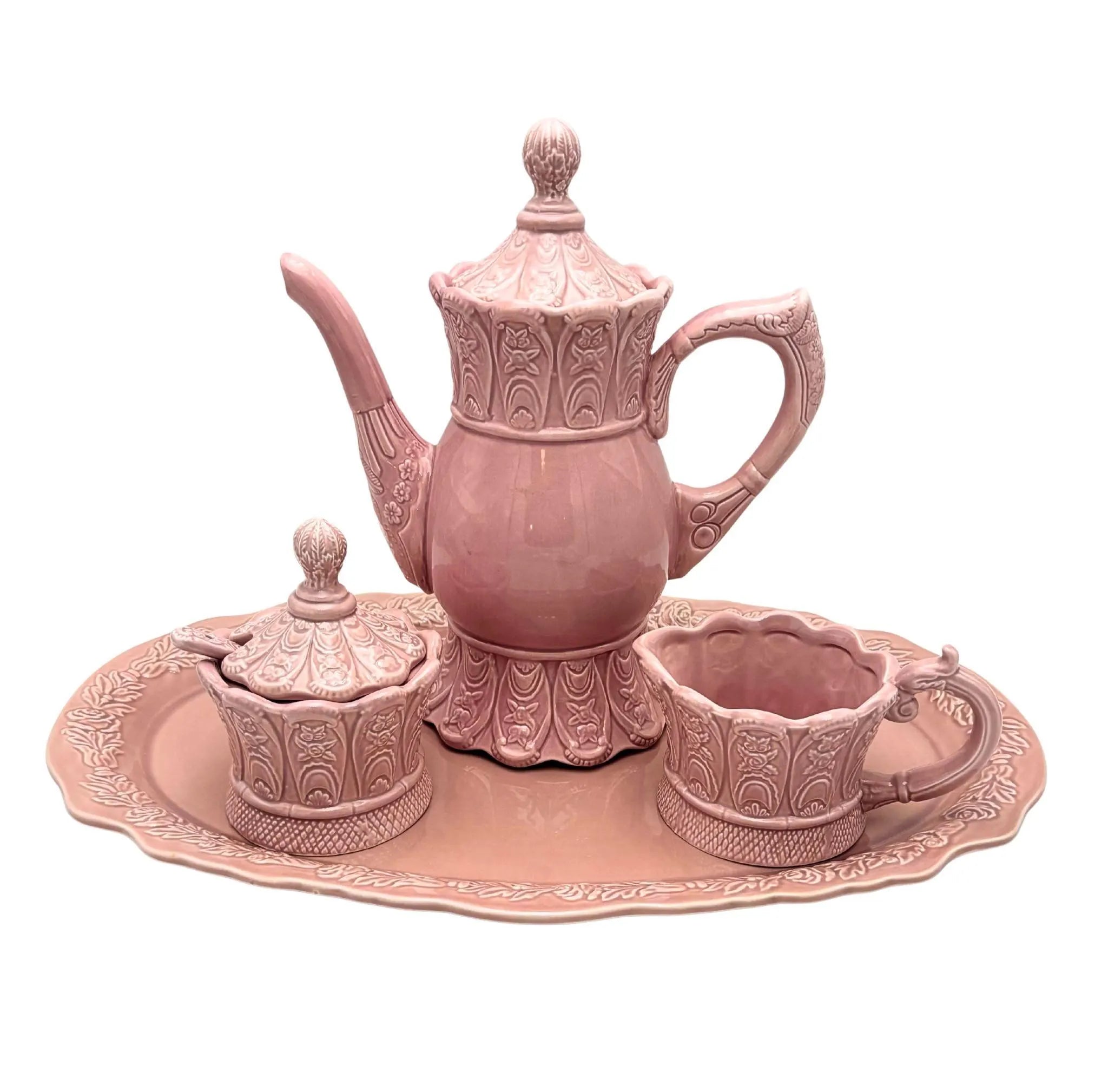 VINTAGE ROMANCING PROVENCE RSVP PINK CERAMIC TEA SET WITH LARGE SERVING TRAY