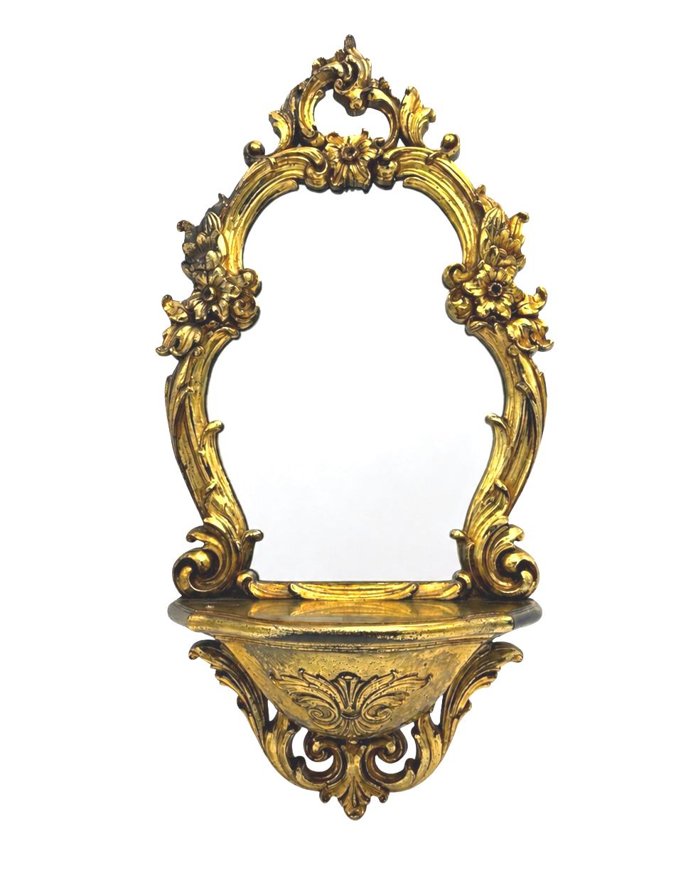 VINTAGE SYROCO GOLD WALL MIRROR WITH SHELF – ORNATE HOLLYWOOD REGENCY ROCOCO DECOR
