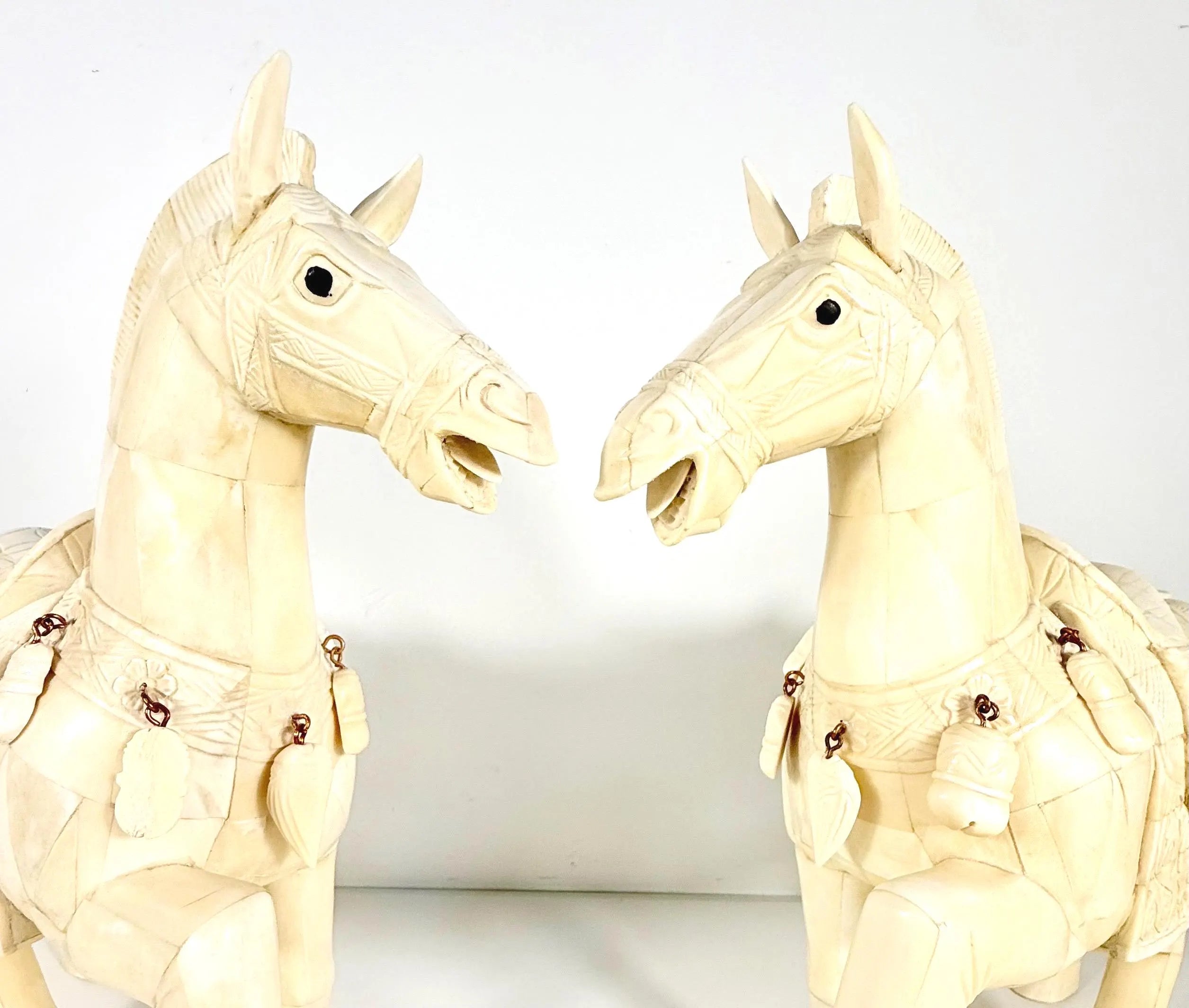 VINTAGE PAIR OF CHINESE TANG STYLE TESSELLATED BONE HORSE SCULPTURES