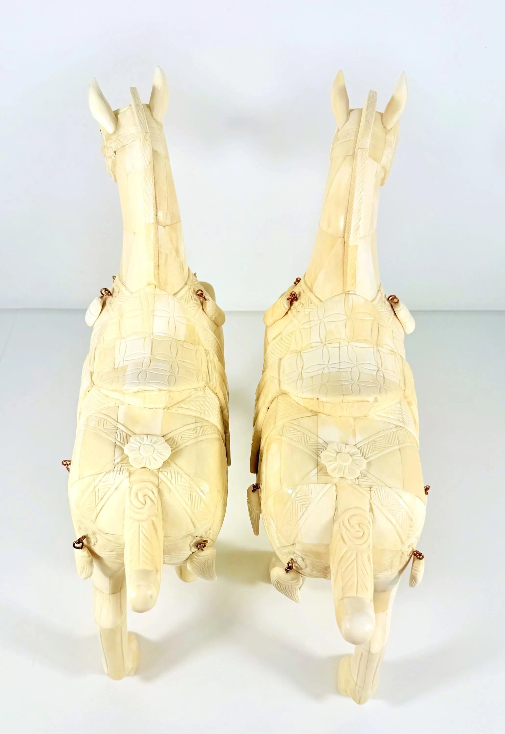 VINTAGE PAIR OF CHINESE TANG STYLE TESSELLATED BONE HORSE SCULPTURES