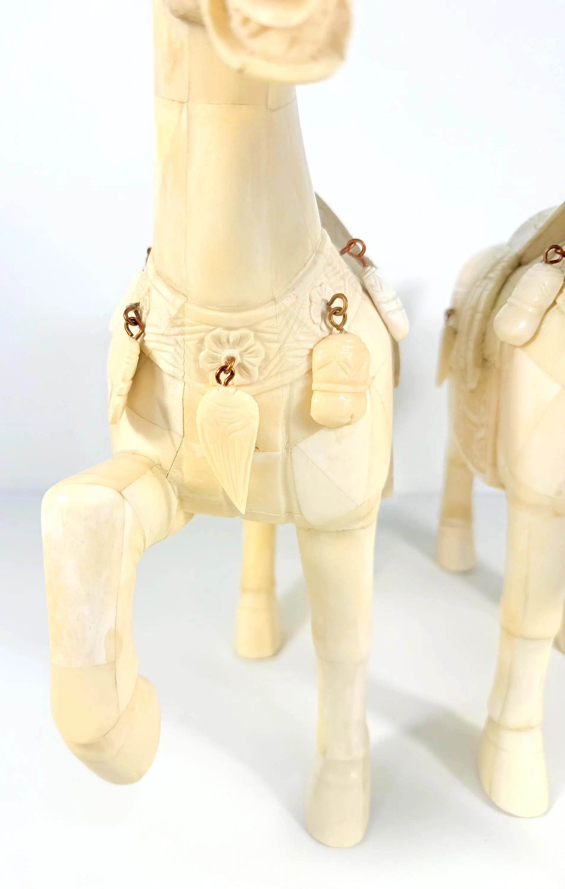 VINTAGE PAIR OF CHINESE TANG STYLE TESSELLATED BONE HORSE SCULPTURES
