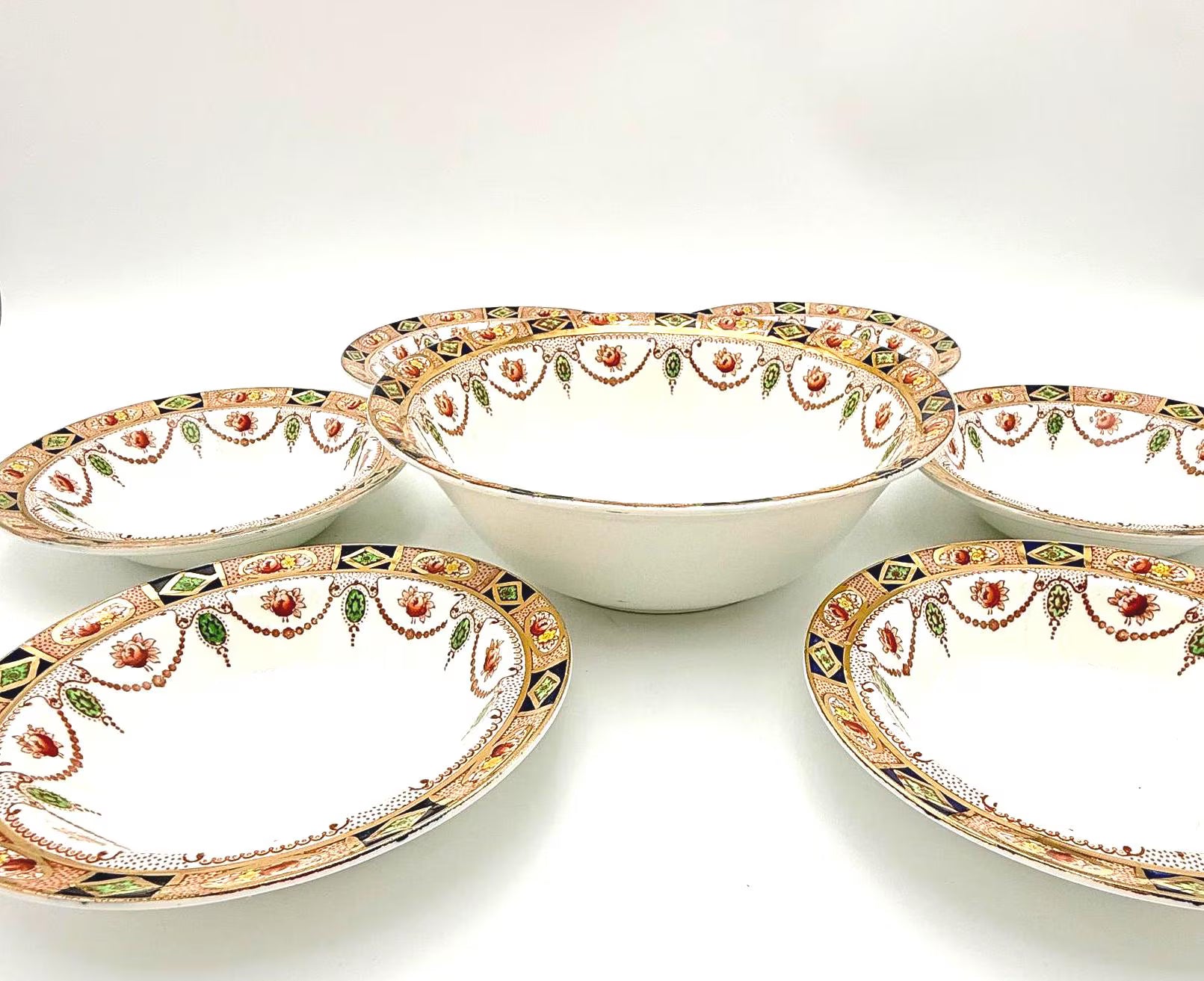 ANTIQUE ALFRED MEAKIN ENGLISH BERRY BOWL SET | 7 PIECE HAND GILDED PORCELAIN SERVING SET