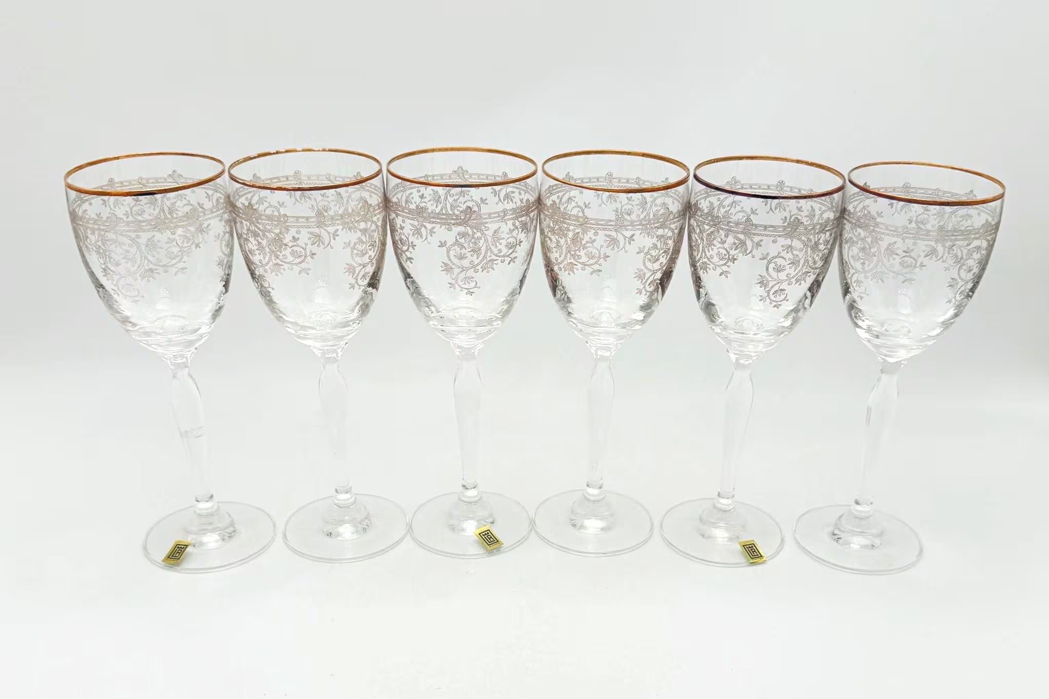 VINTAGE LR SLOVAKIA CRYSTAL WINE GLASSES – SET OF 6 GOLD RIM ETCHED FLORAL GOBLETS