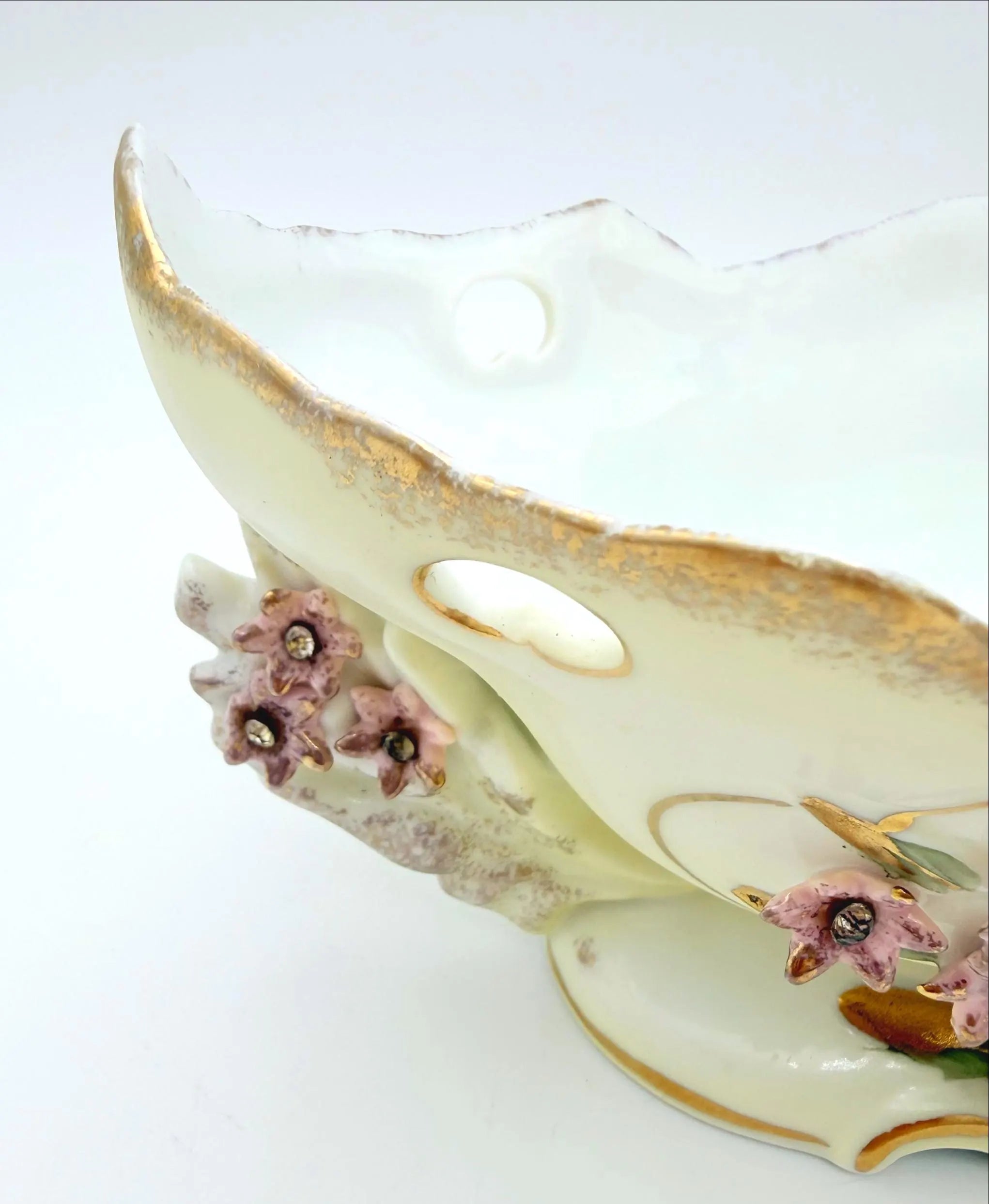 VINTAGE JEWELED PORCELAIN FLORAL CENTERPIECE BOWL WITH PINK FLOWERS