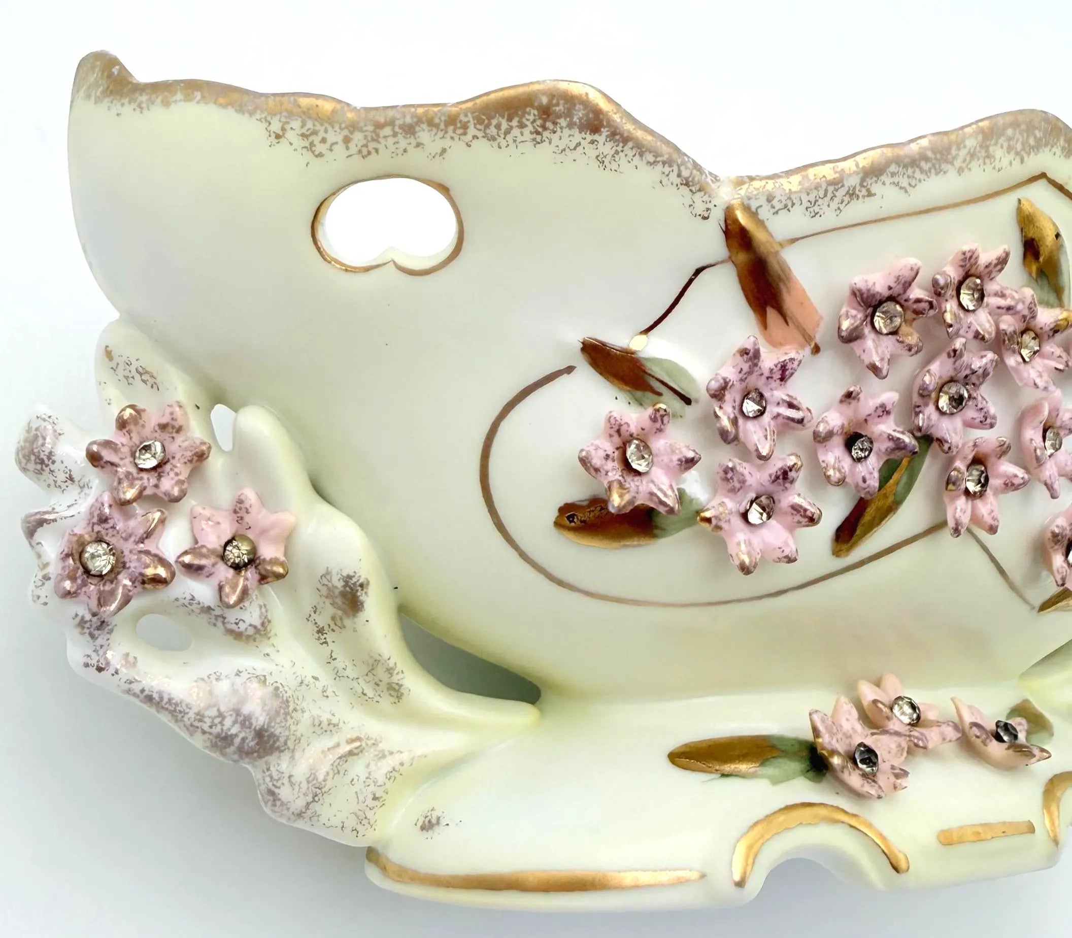 VINTAGE JEWELED PORCELAIN FLORAL CENTERPIECE BOWL WITH PINK FLOWERS