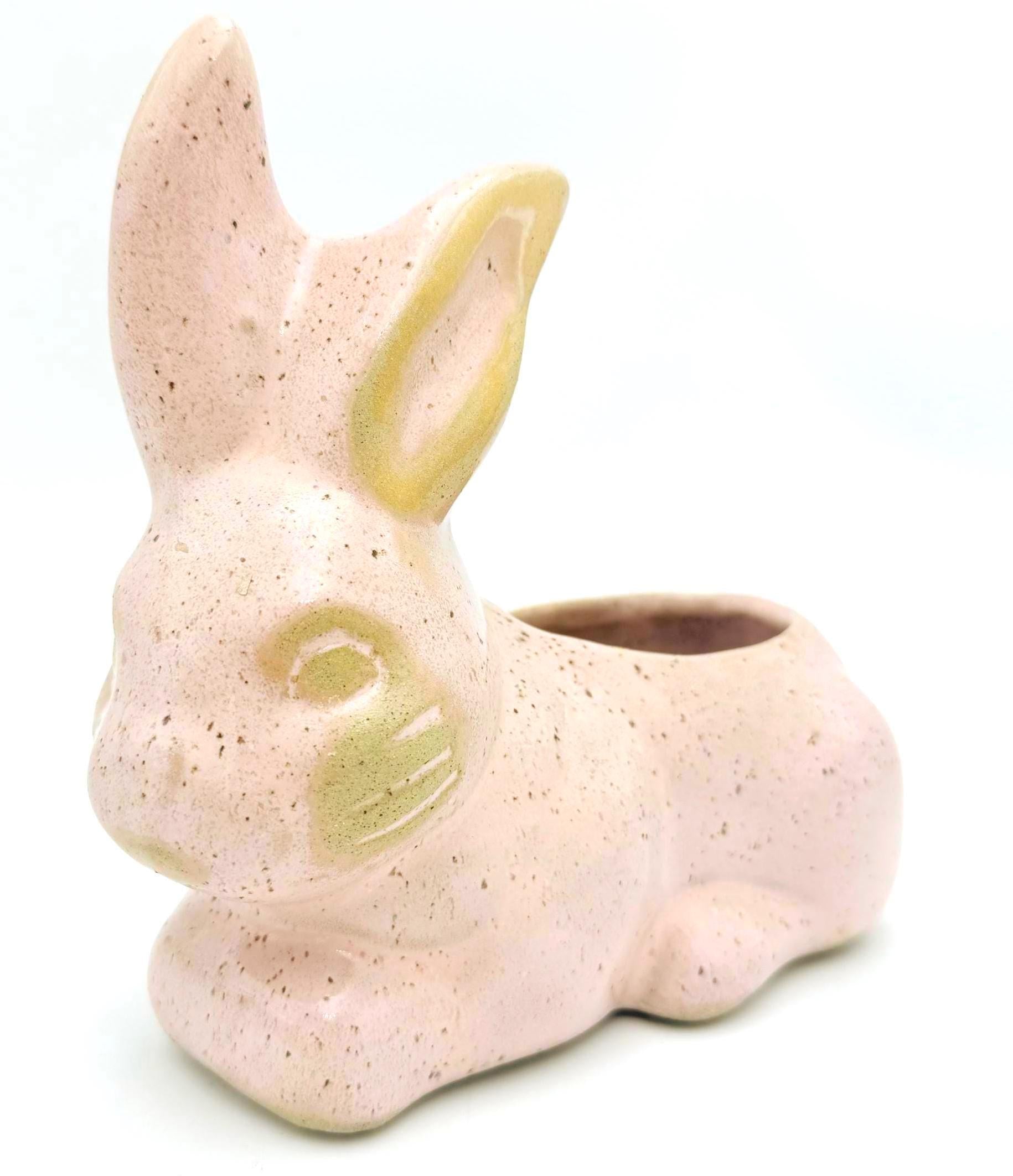 VINTAGE SPECKLED PINK CERAMIC BUNNY PLANTER