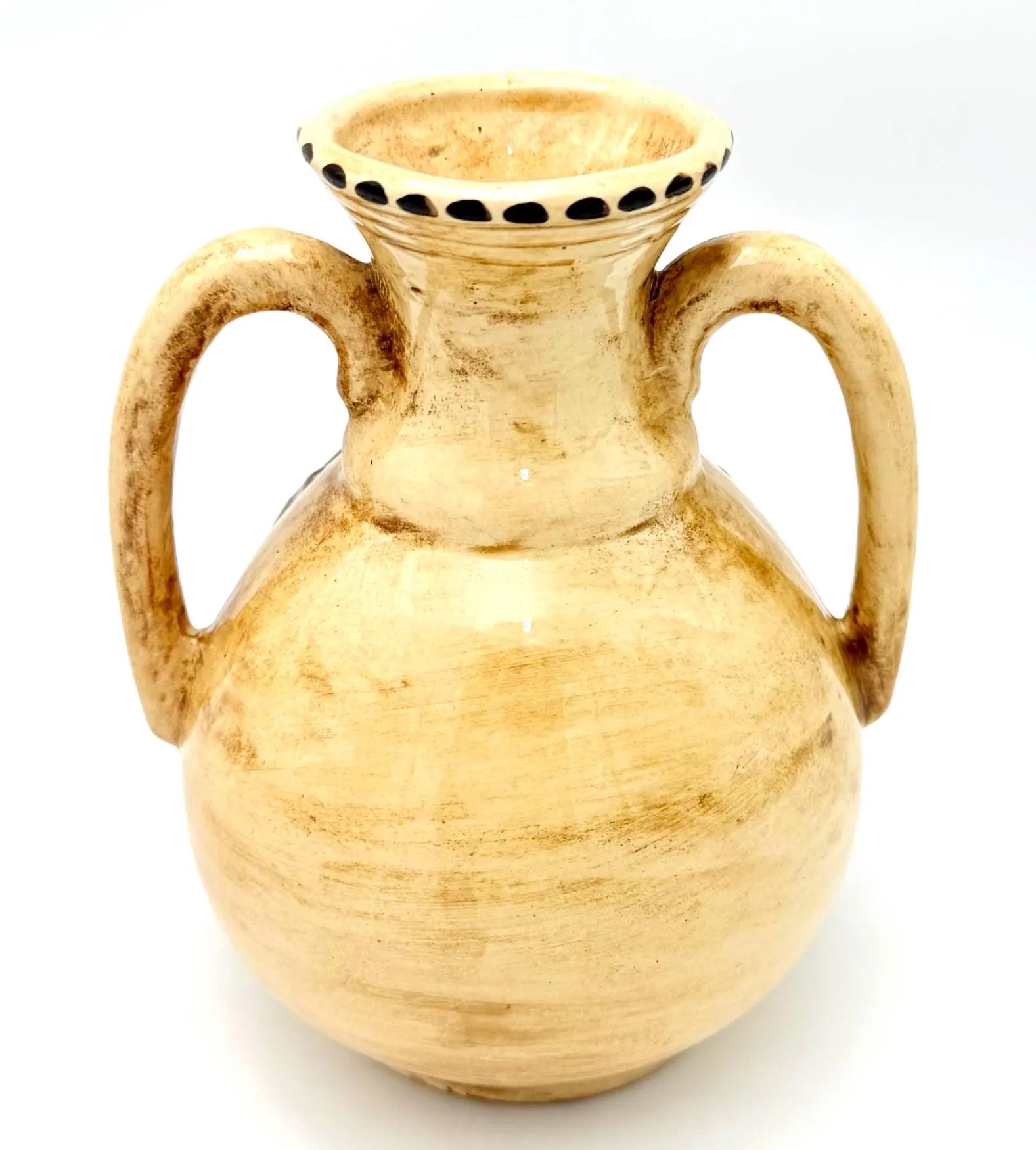 VINTAGE BELGIAN HAND-PAINTED ART POTTERY AMPHORA VASE, DOUBLE HANDLED FLORAL CERAMIC, THULIN STYLE