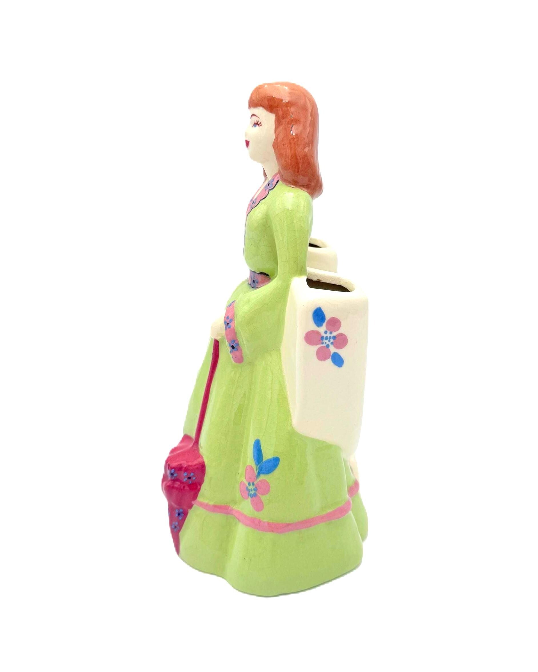 VINTAGE 1950S FIGURAL LADY DOUBLE PLANTER ATTRIBUTED FLORENCE CERAMICS CHARTREUSE GREEN DRESS