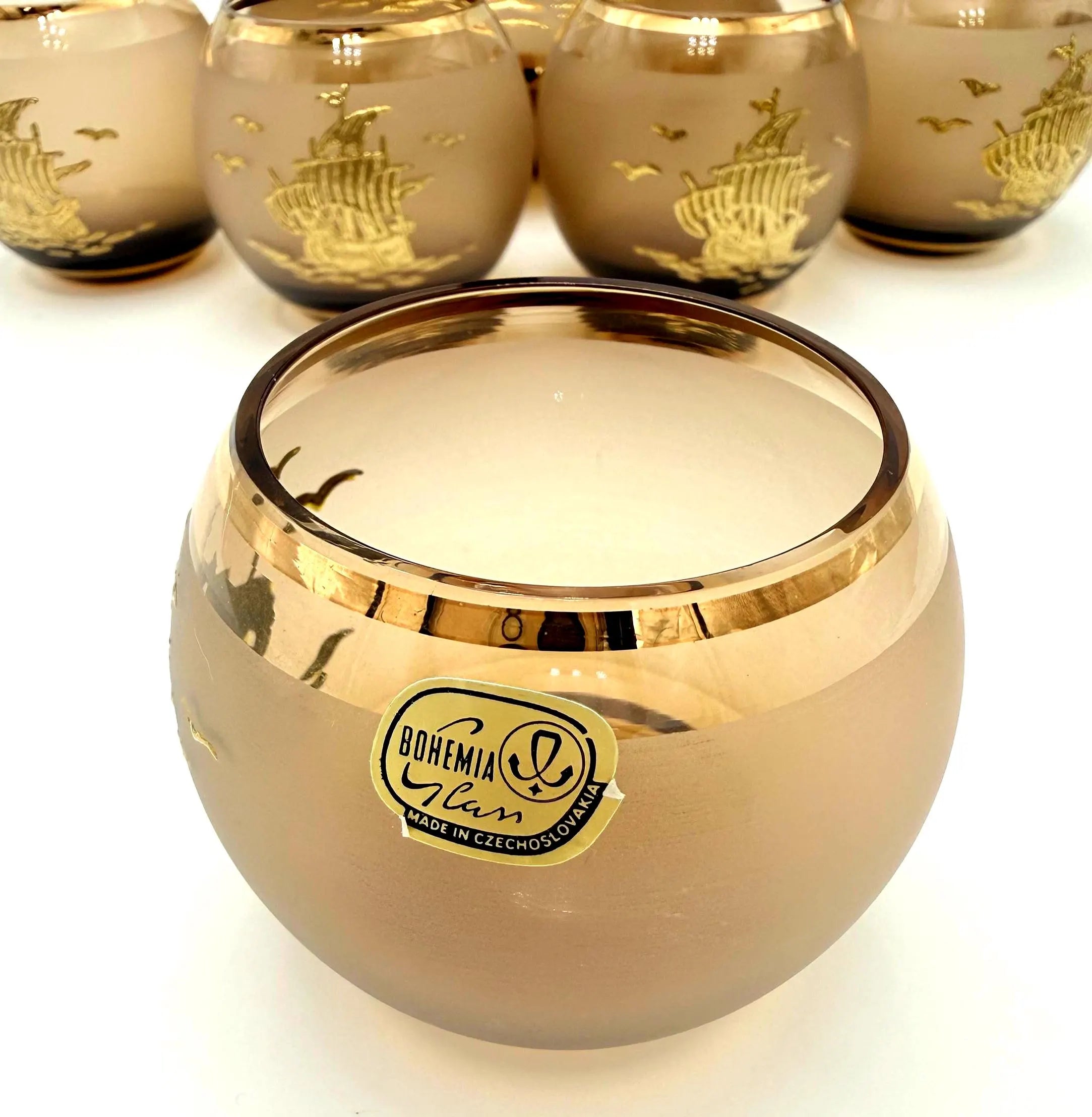 VINTAGE BOHEMIA GLASS NAUTICAL DECANTER SET – CZECHOSLOVAKIA – FROSTED CHAMPAGNE GOLD GALLEON BARWARE – 7 PIECES
