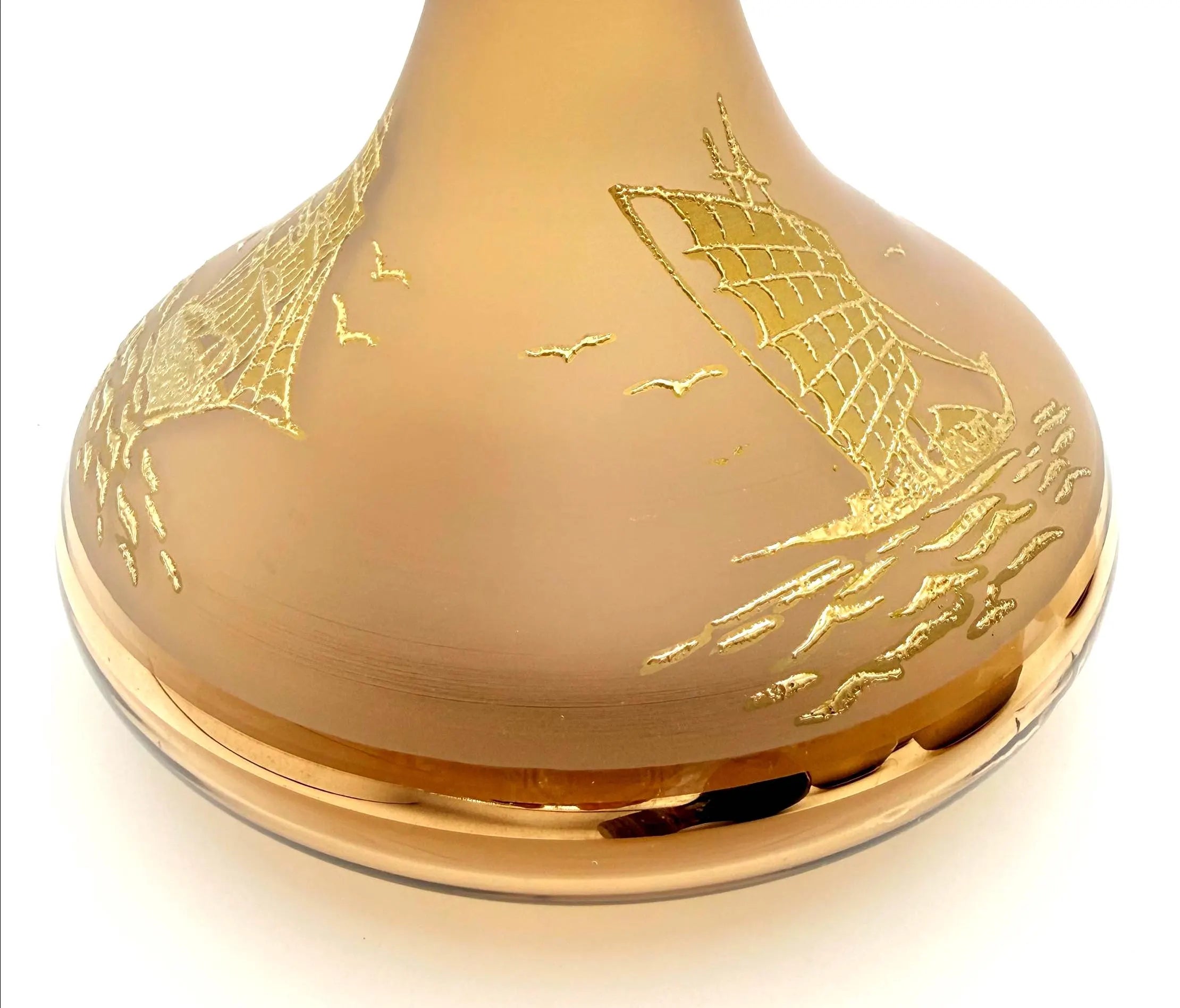 VINTAGE BOHEMIA GLASS NAUTICAL DECANTER SET – CZECHOSLOVAKIA – FROSTED CHAMPAGNE GOLD GALLEON BARWARE – 7 PIECES
