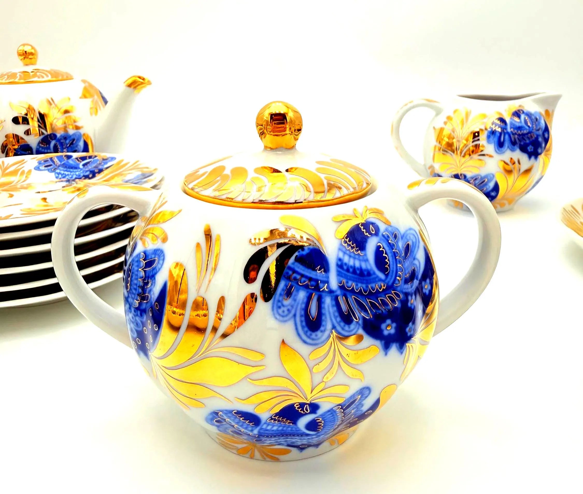 VINTAGE LOMONOSOV LFZ BLUE BIRD OF PARADISE COBALT AND GOLD PORCELAIN TEA SERVICE FOR SIX