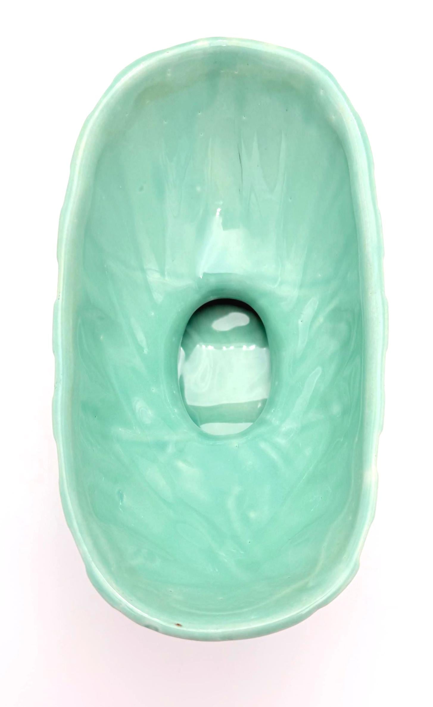 VINTAGE MID-CENTURY USA ART POTTERY HYACINTH BULB PLANTER | SEAFOAM AQUA CERAMIC PEDESTAL VASE | ROYAL HAEGER STYLE