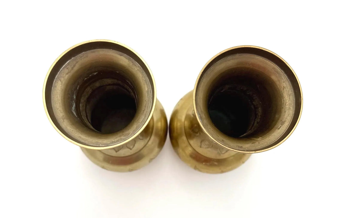 VINTAGE SARNA BRASS INDIA ENGRAVED BRASS BUD VASE PAIR CIRCA 1970S