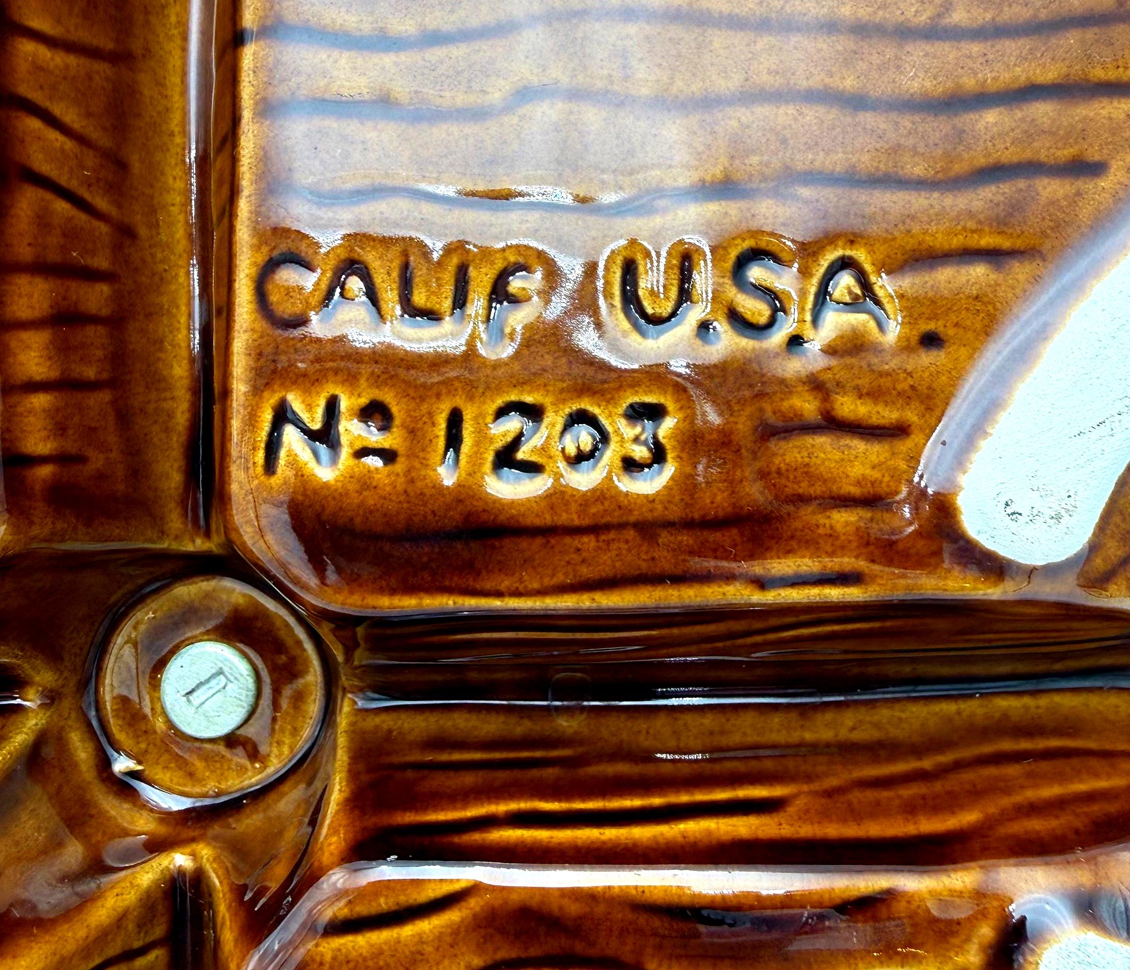 VINTAGE CALIFORNIA POTTERY DIVIDED RELISH TRAY WITH BRASS HANDLE | CALIFORNIA USA NO. 1203