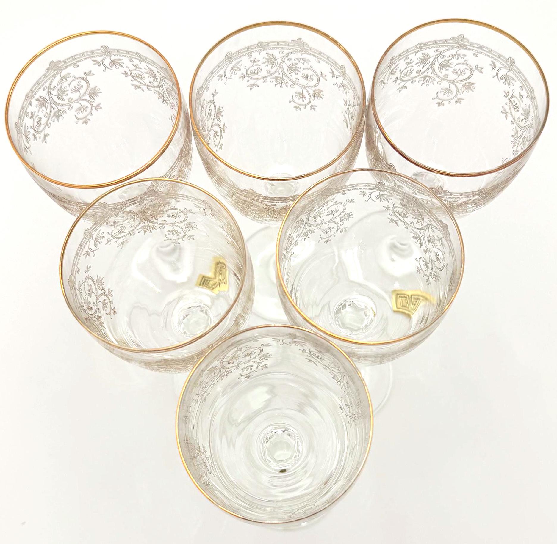 VINTAGE LR SLOVAKIA CRYSTAL WINE GLASSES – SET OF 6 GOLD RIM ETCHED FLORAL GOBLETS