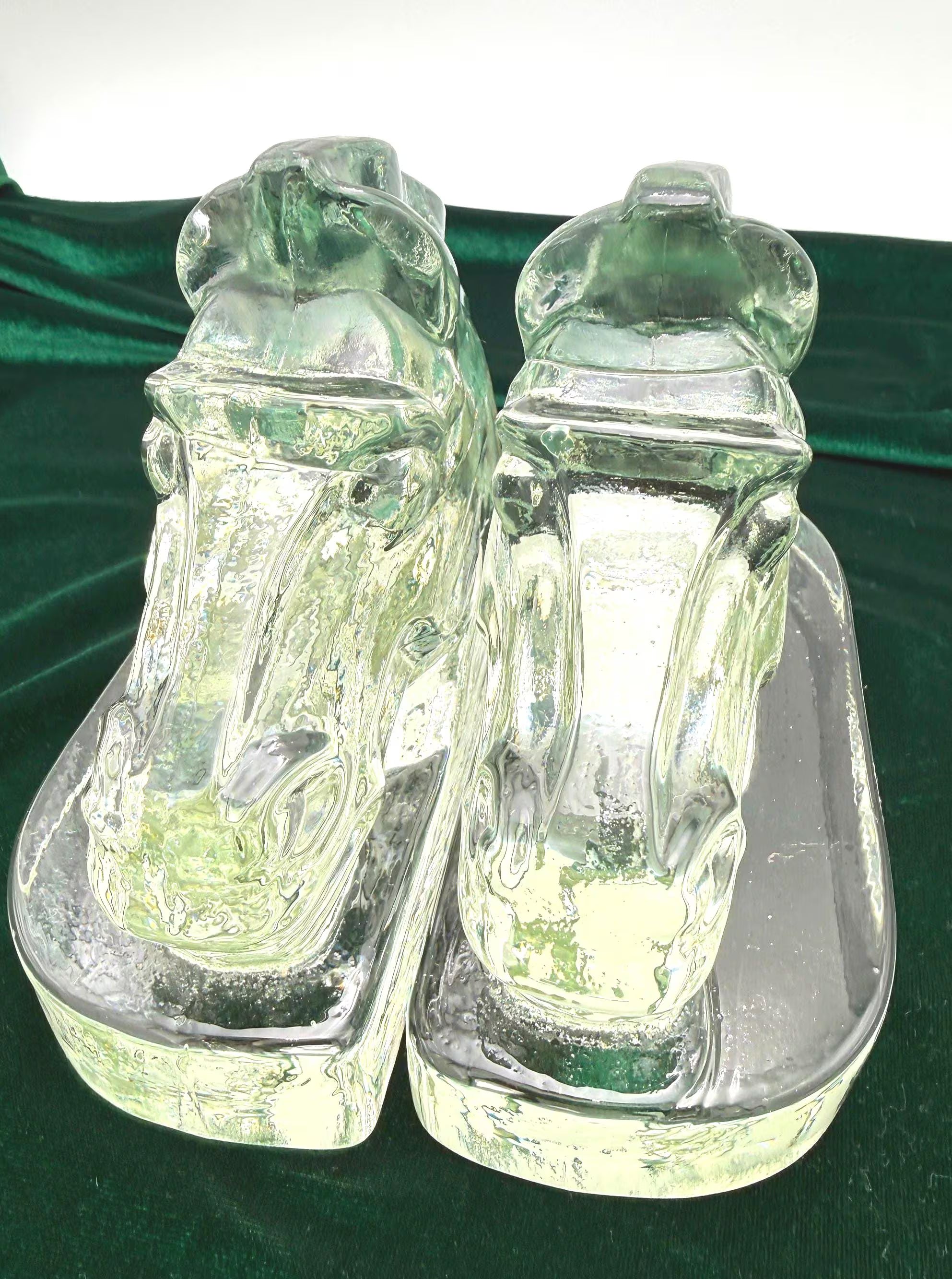 VINTAGE HEAVY CRYSTAL HORSE HEAD BOOKENDS | ART DECO STYLE SCULPTURAL PAIR