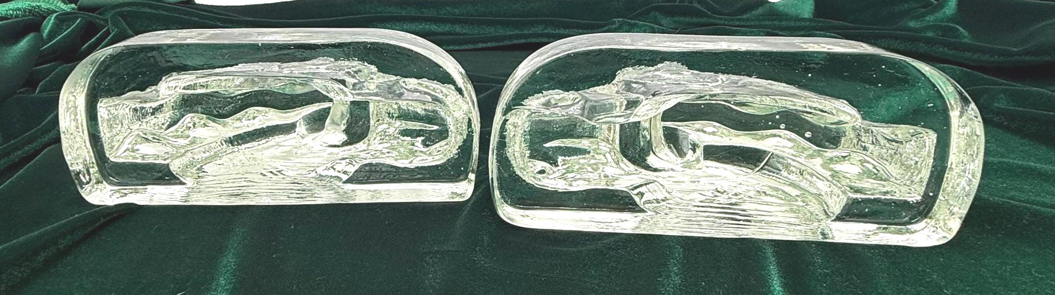 VINTAGE HEAVY CRYSTAL HORSE HEAD BOOKENDS | ART DECO STYLE SCULPTURAL PAIR